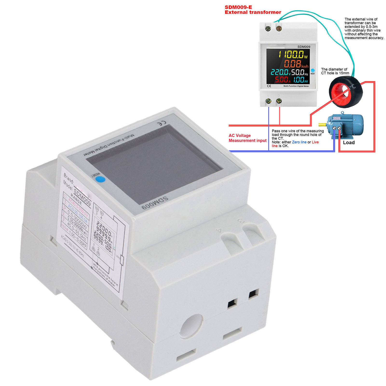 Sdm009 Einphasiges, Schienenmontiertes Digitales Messgerät Für Den Heimgebrauch Mit Anzeige Von Spannung, Stromstärke, Frequenz, Leistungsfaktor Und Elektrischer Leistung (ac40-300v, Integrierter Stro