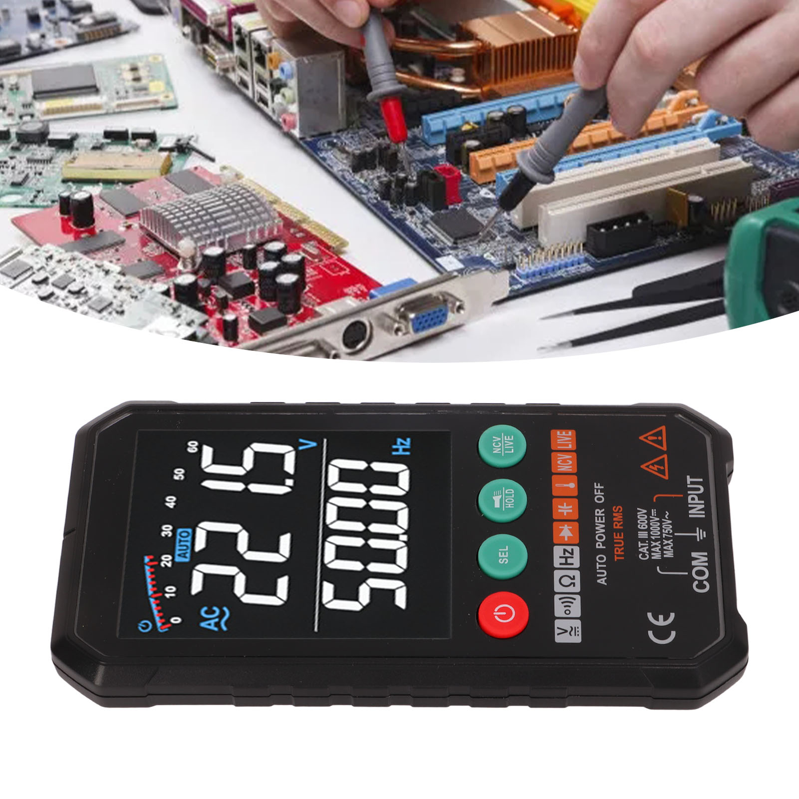 Das Hochpräzise, Kompakte Handmultimeter Fy107c Ist Vollautomatisch, Verfügt Über Ein Farbdisplay Und Unterstützt Temperatur-, Kapazitäts- Und Diodenmessungen.