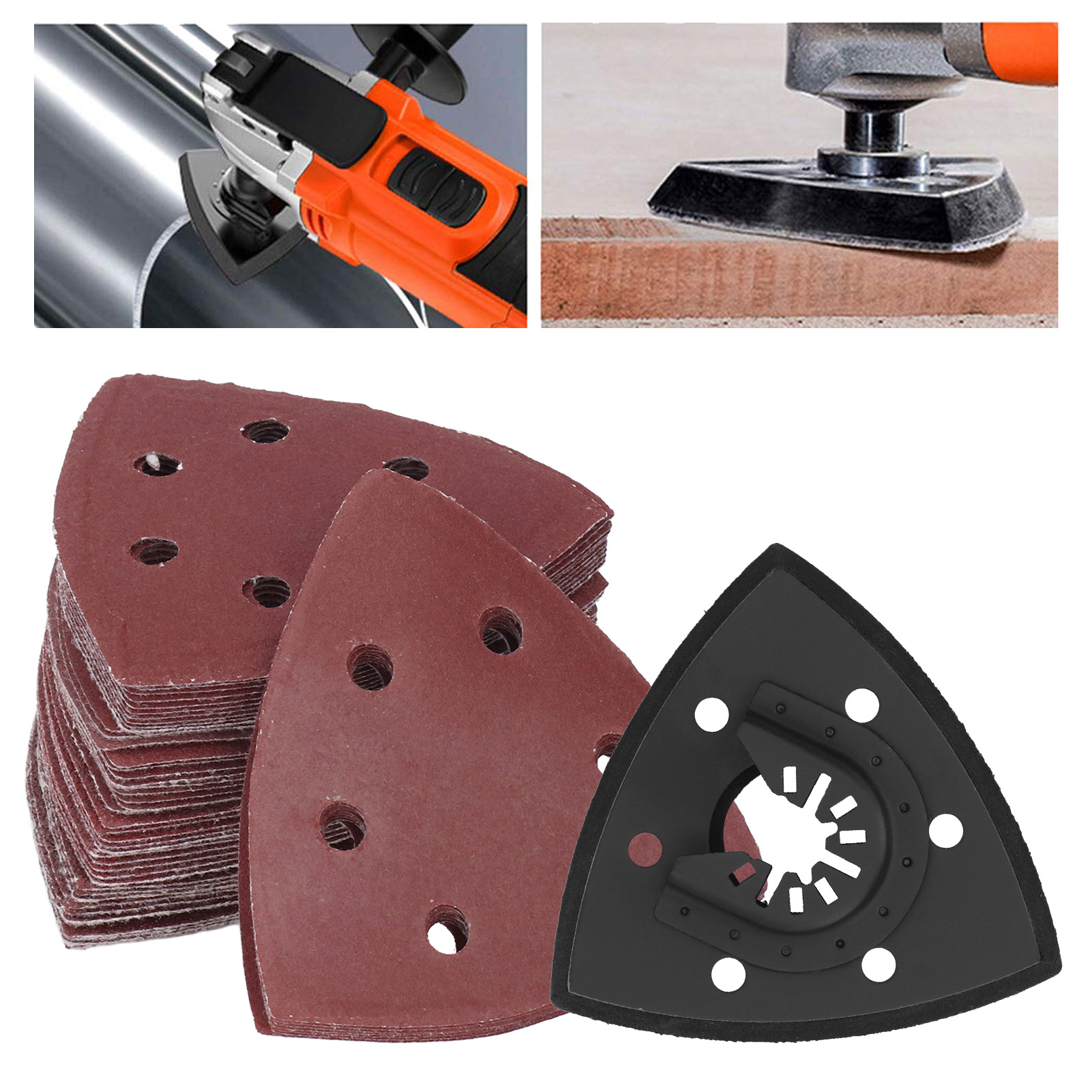 Set Mit 51 Selbstklebenden, Dreieckigen Schleifpapierhaltern (90 Mm) Mit Schnellverschluss, Multifunktionales Werkzeugzubehör, Selbstklebendes Schleifpapier Mit 6 Löchern