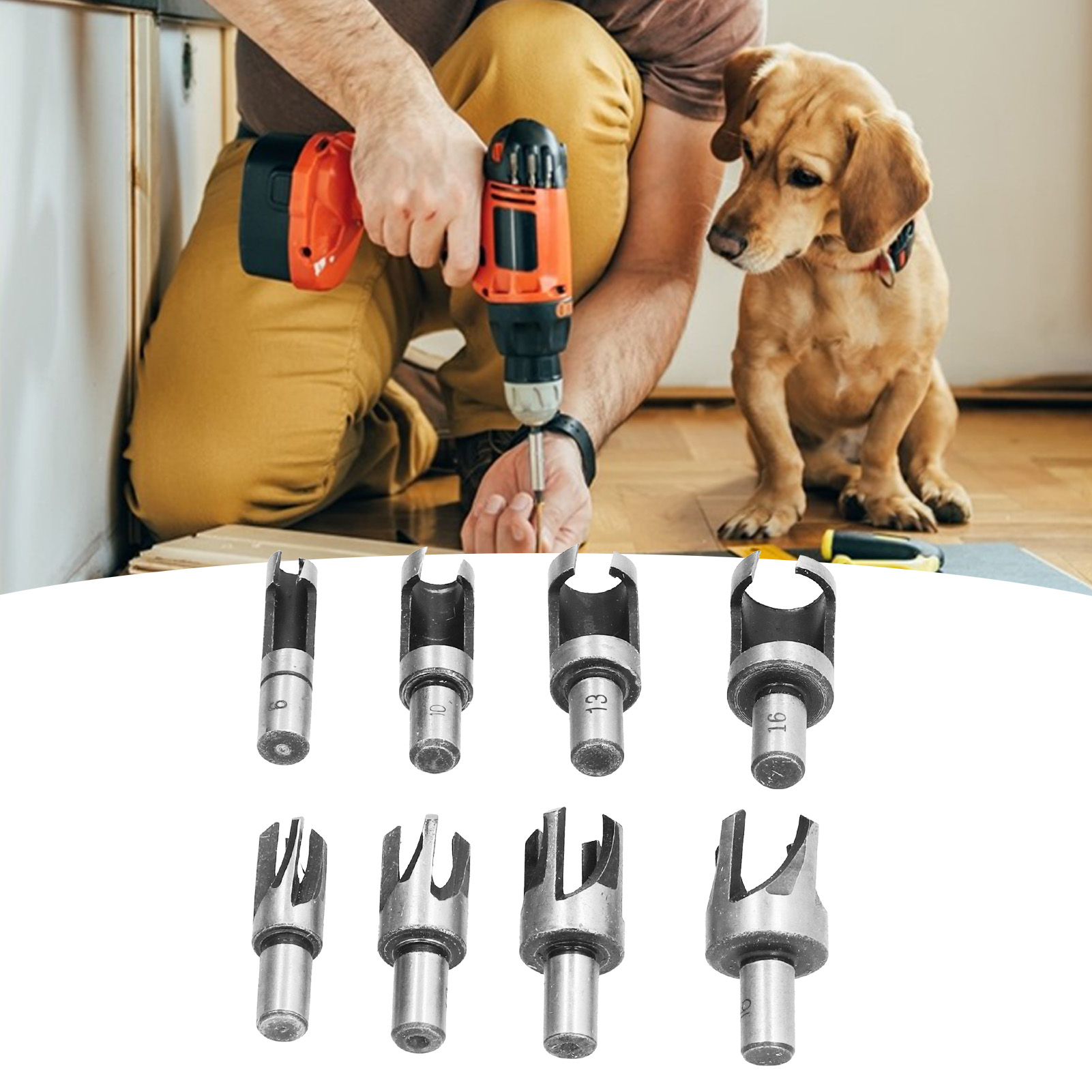 8-teiliges Set Aus Kohlenstoffstahl, Bestehend Aus Einem Holzdübelauszieher, Einem Holzdübelbohrer, Holzbearbeitungsbohrern Und Runden Klauen-dübelbohrern.