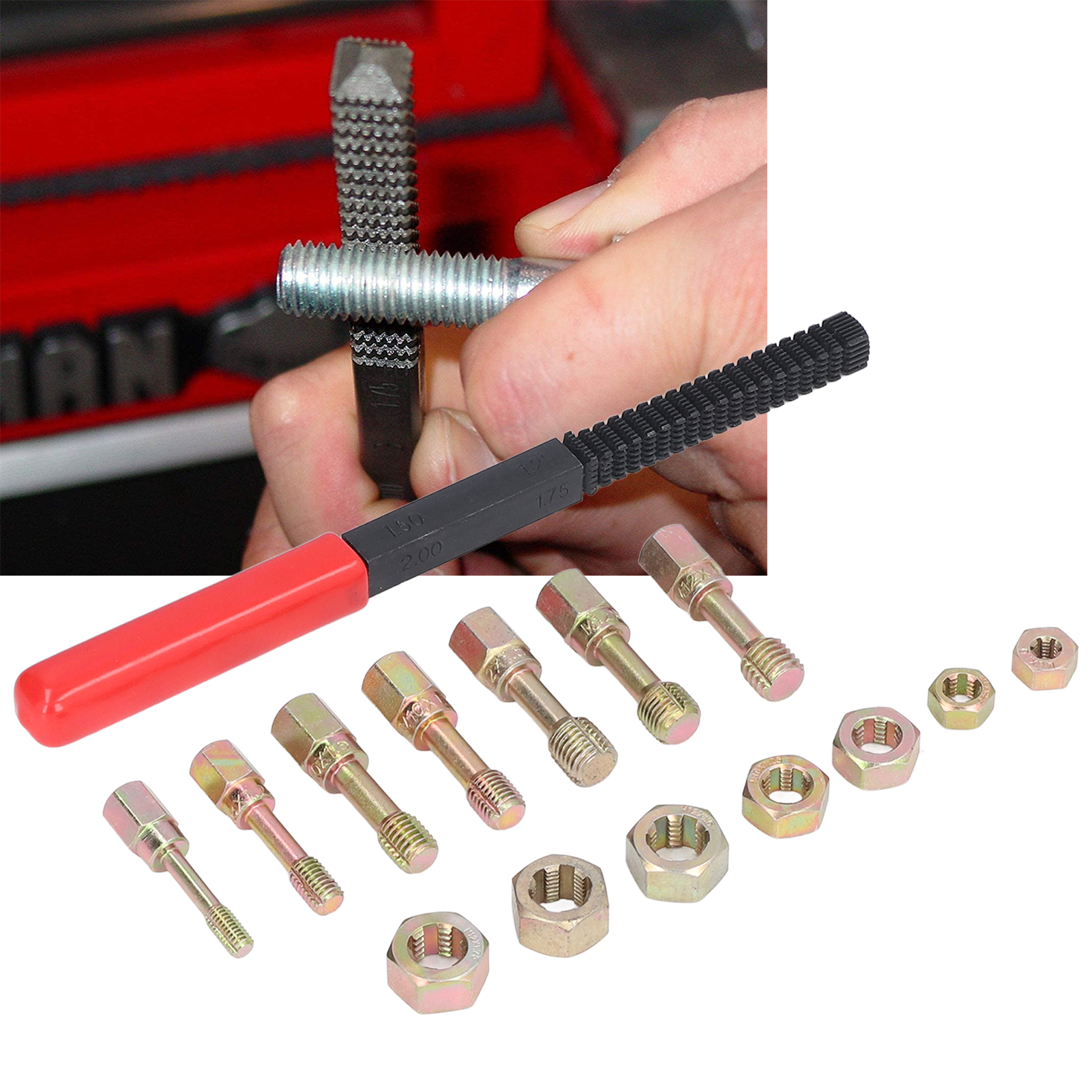 15-teiliges Metrisches Gewindereparaturset, Bestehend Aus 7 Gewindebohrern, 7 Schneideisen Und 1 Gewindefeile, Für Professionelle Kfz-bremsen- Und Fahrwerksreparaturen.