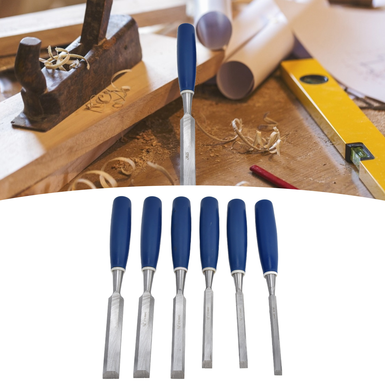 Satz Von 6 Holzmeißeln, Darunter Flachmeißel, Nutmeißel Und Seitenmeißel, 5/16" Bis 1".