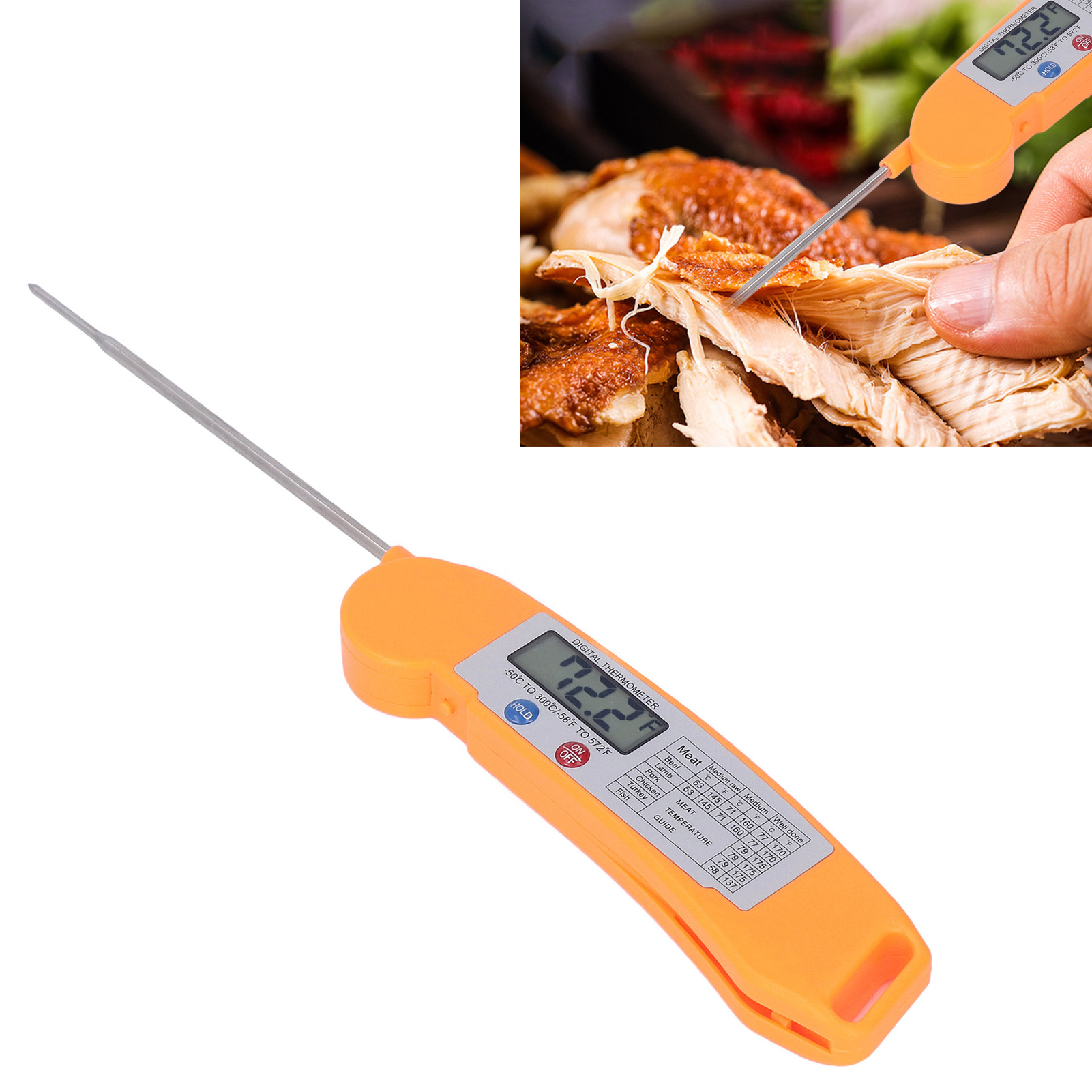 Faltbares Lebensmittelthermometer, Intelligentes Elektronisches Thermometer Zur Messung Der Buttertemperatur, Thermometer Für Grill Und Gebäckofen, Orange.