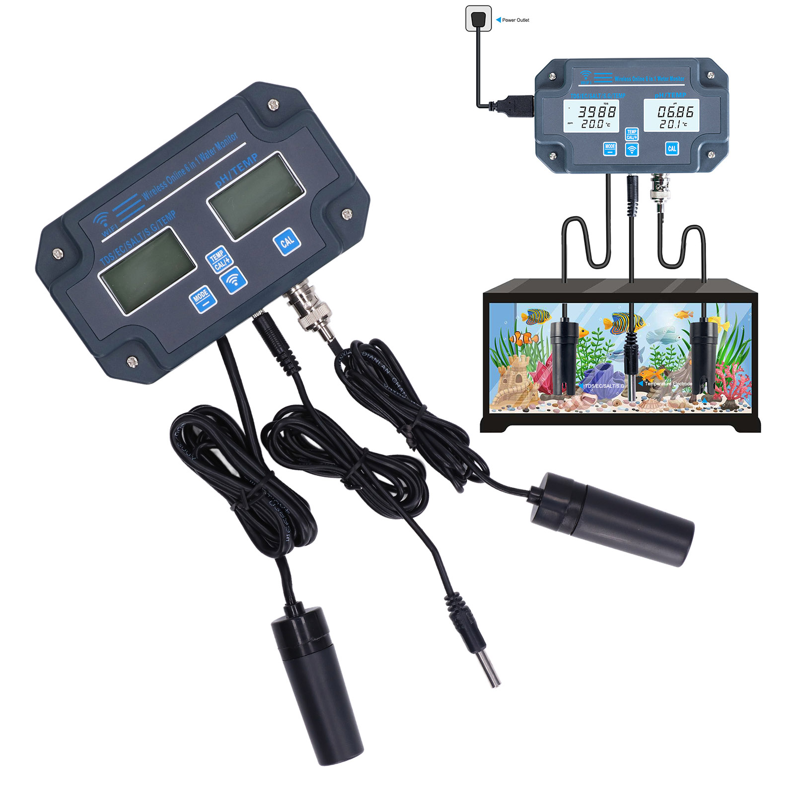 Multifunktionales Online-messgerät Ow-w3988 Mit Wlan (tds, Temperatur, Ce, Salzgehalt, Säure-/alkalinität) – Europäischer Standard, 230–240 V Wechselstrom
