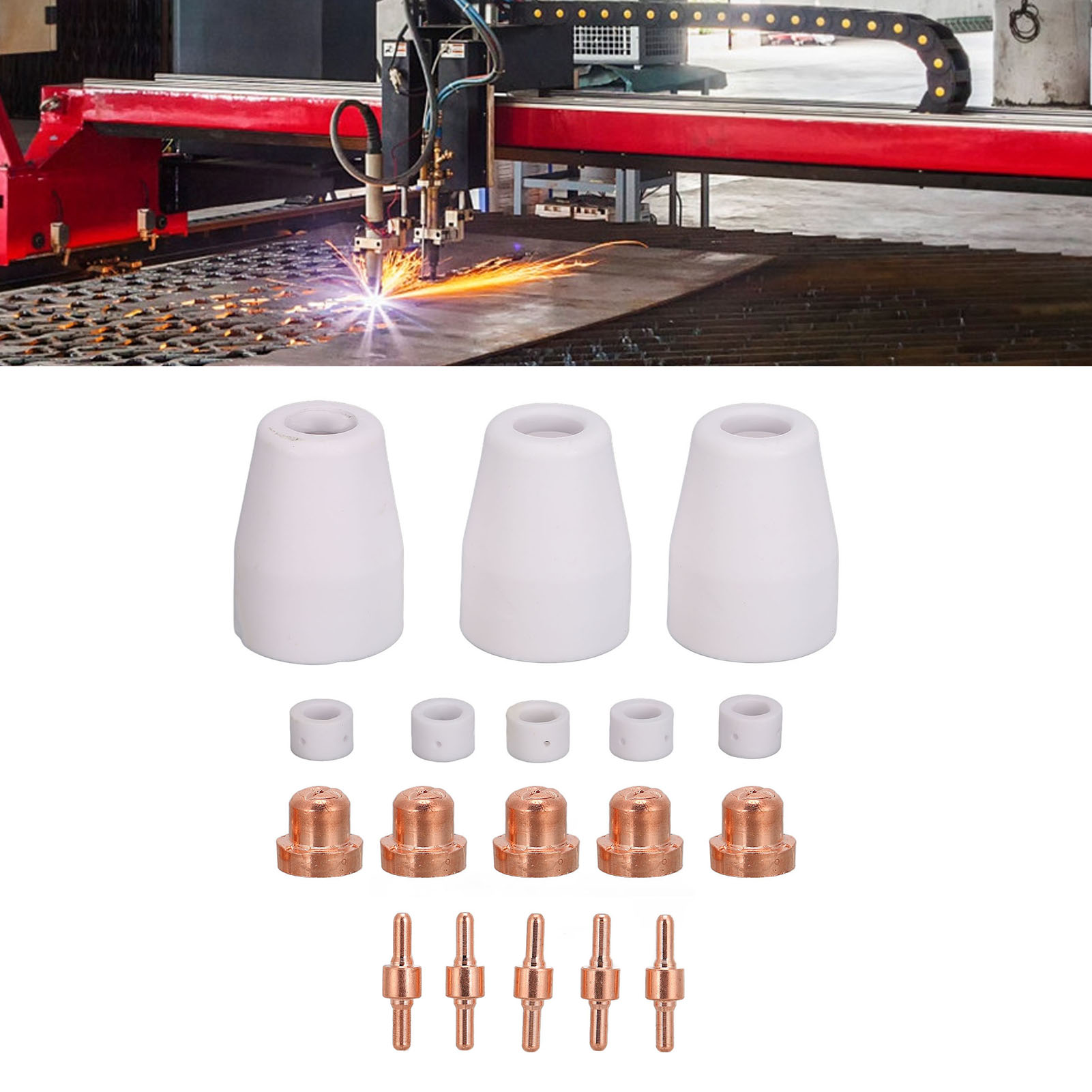 Packung Mit 18 Verbrauchsmaterialien Für Die Pt31 Plasmaschneidmaschine: Standardelektroden, Keramikschutzkappe, Keramikdüse Und Wirbelring.