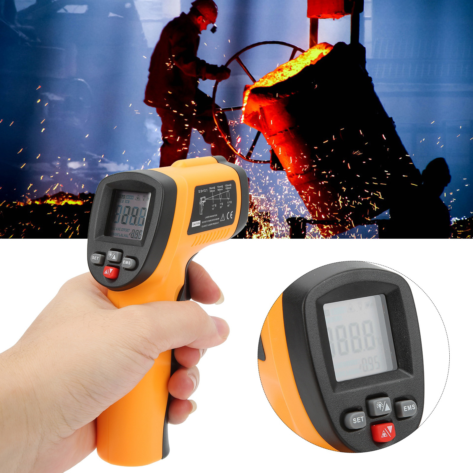 Xrclif Hochpräzises Tragbares Infrarot-thermometer, Berührungsloses Hochtemperatur-thermometer, Infrarot-temperaturmessgerät