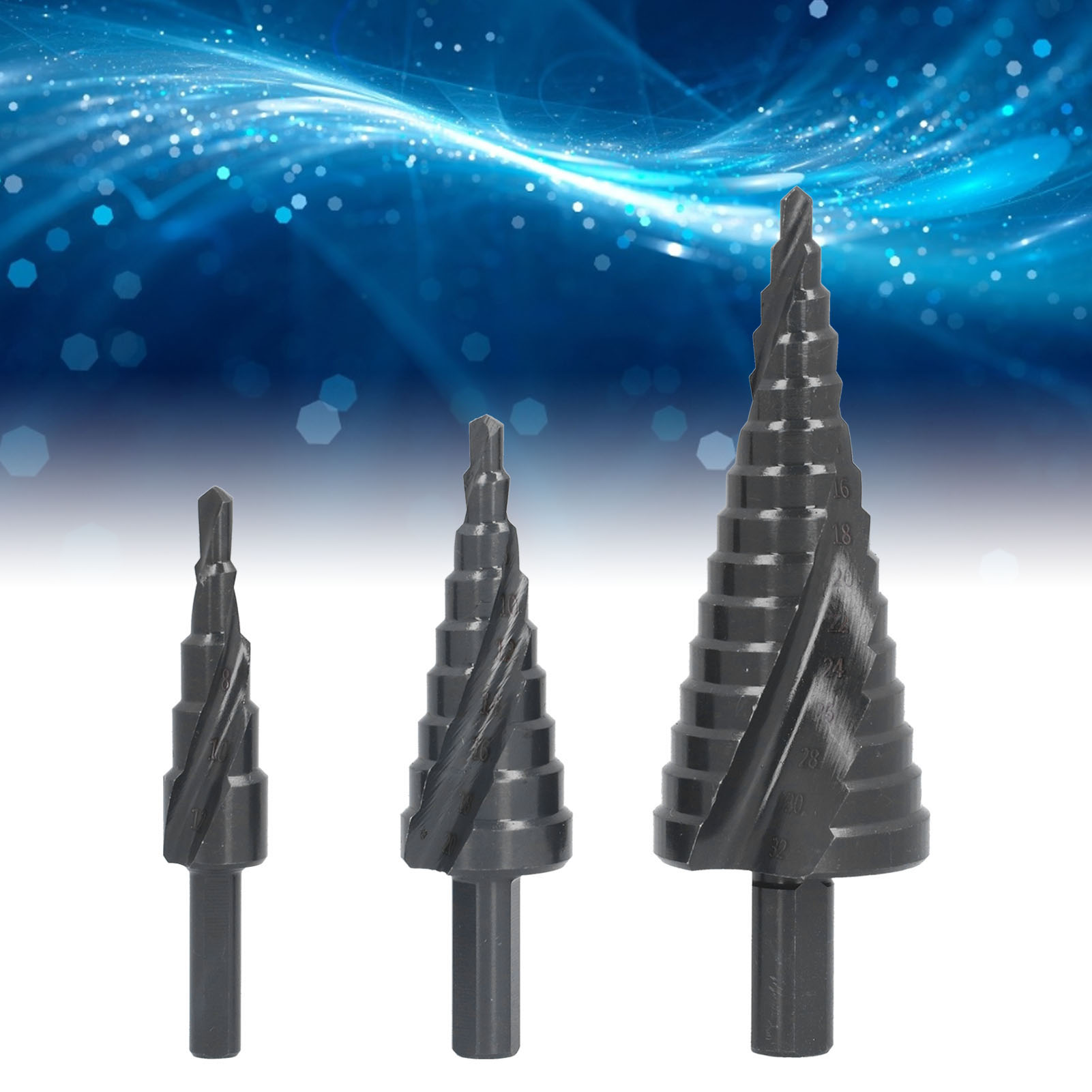 Set Aus 3 Stufenbohrern Aus Schwarz Nitriertem Schnellarbeitsstahl Mit Spiralförmig Gerilltem, Dreieckigem Schaft Und Titanbeschichtung (metrischer Pagodenbohrer)
