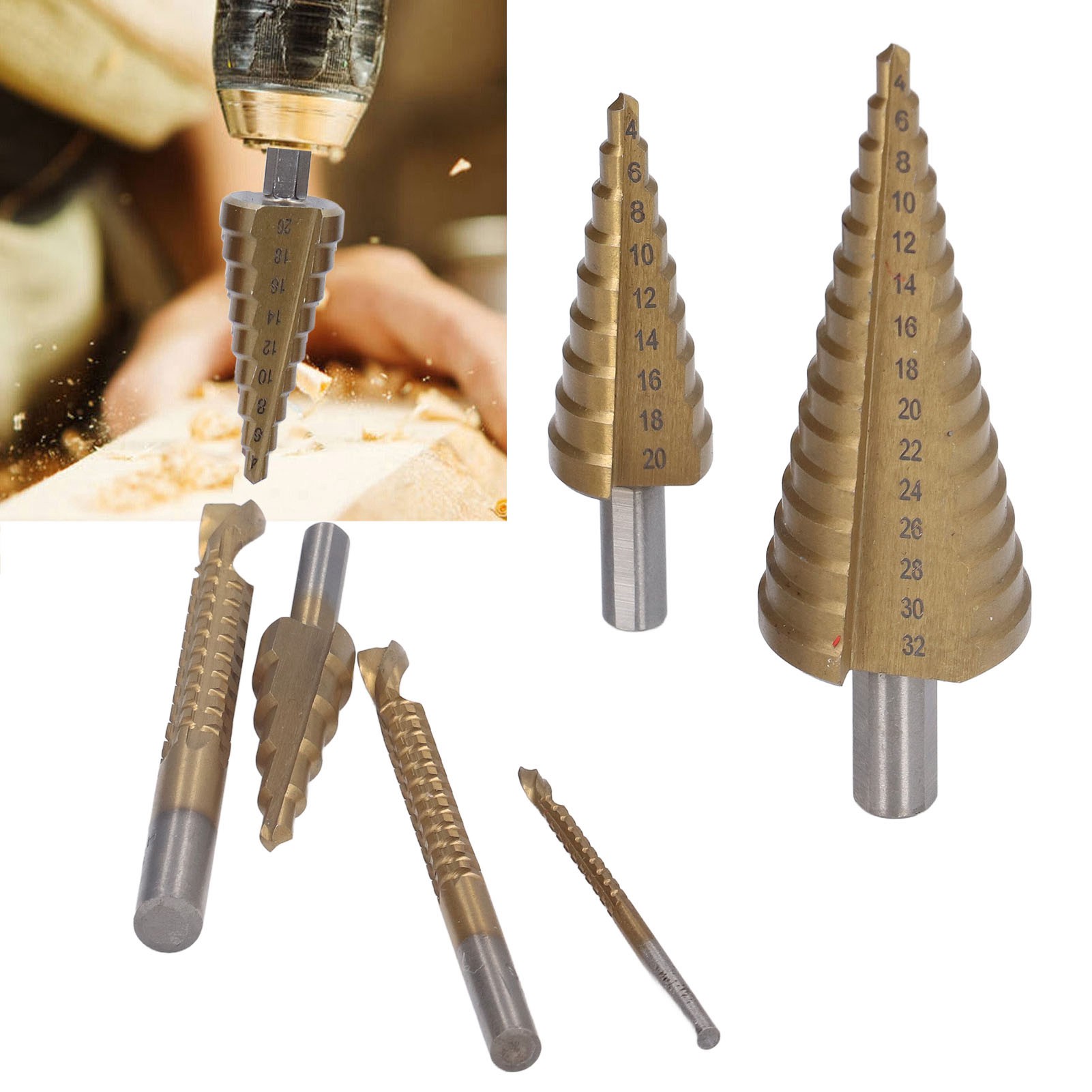 Set Mit 6 Stufenbohrern Mit Zylindrischem Schaft Und Gerader Nut + Set Mit Gezahnten Bohrern