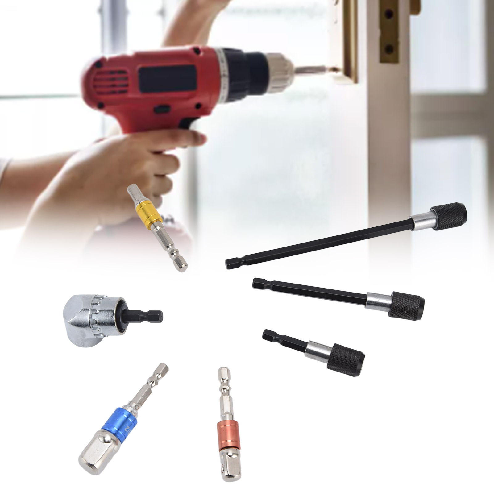 7-teiliges Set Bestehend Aus Einem 6,35 Mm (1/4 Zoll) Abgewinkelten Magnetischen Steckschlüsseladapter, Einer Sechskantschaftverlängerung Und Einem 105-grad-winkelbohreradapter.