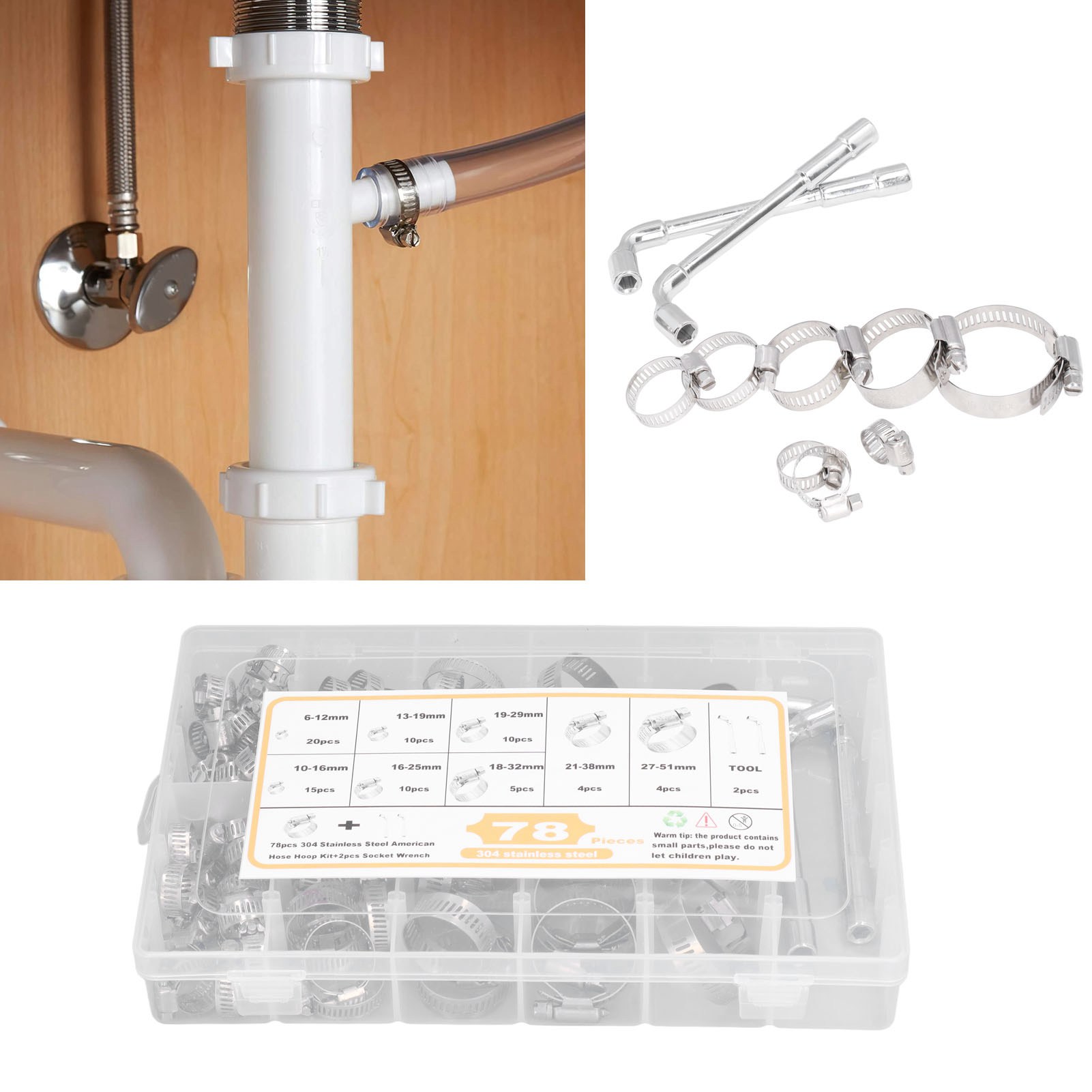 78-teiliges Schlauchschellen-set, Schlauchschellen-satz, 1/4 Bis 2 Zoll 304 Edelstahl-schneckengetriebe-schlauchschelle Für Schläuche, Ladeluftkühler, Rohre Und Kraftstoffleitungen.