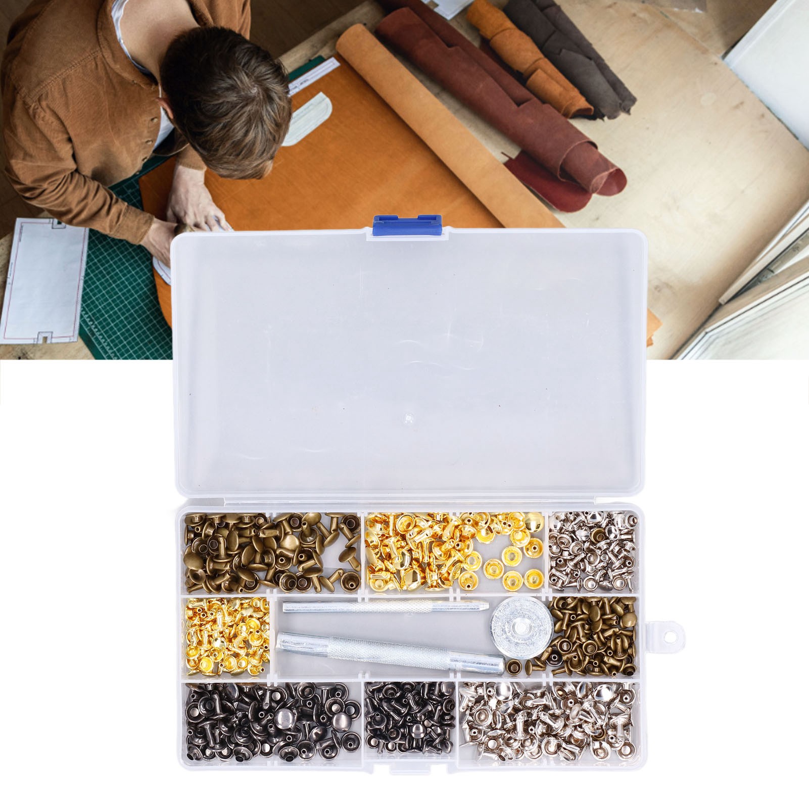 Set Mit 240 Ledernieten, Alritz Doppelkappennietröhrchen, 4 Farben, 2 Größen Von Metallnieten, Mit Befestigungswerkzeugen.