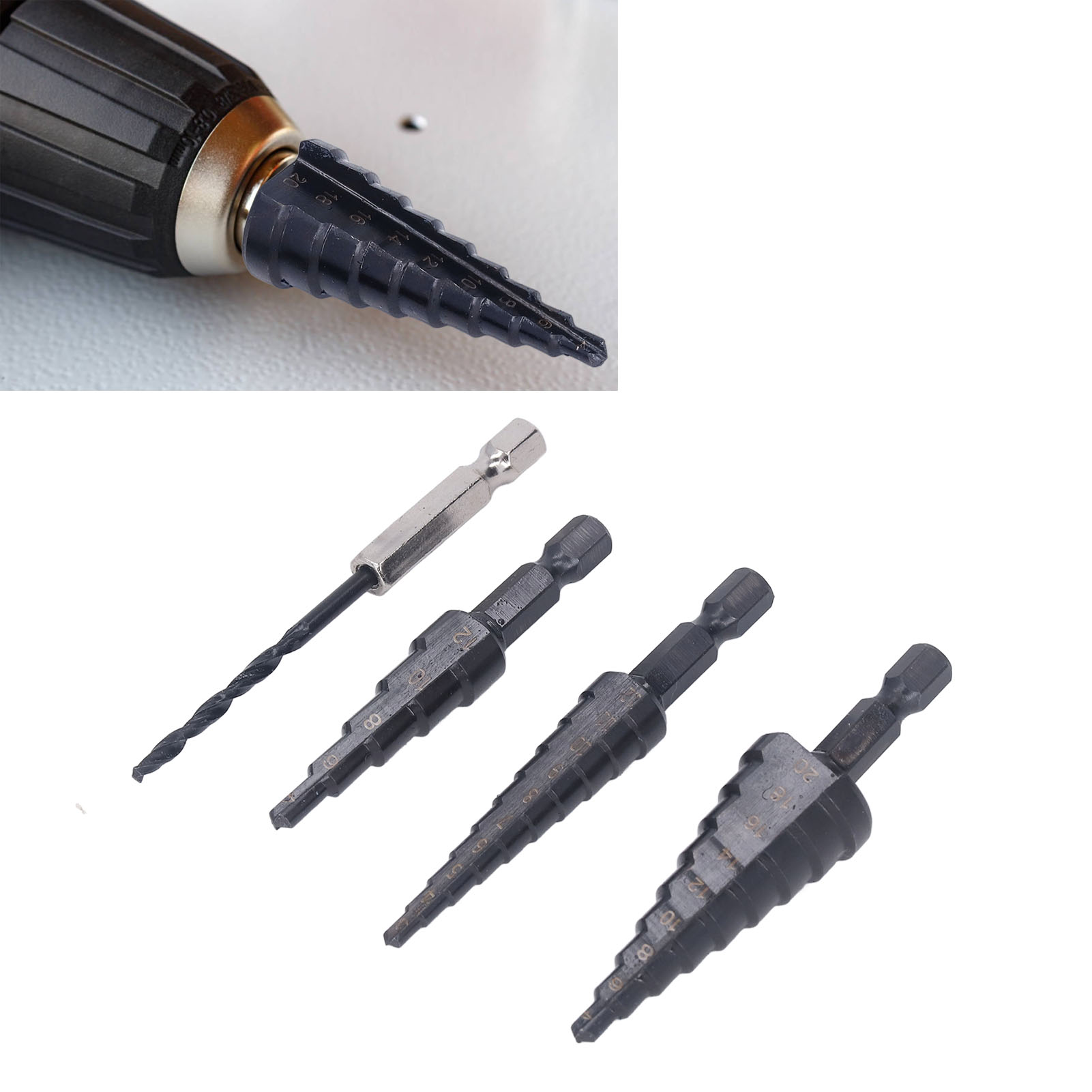 Satz Von 4 Hss-stufenbohrern Mit Gerader Nut In Den Größen 3-12, 4-12 Und 4-20 Mm Für Kernbohrungen.