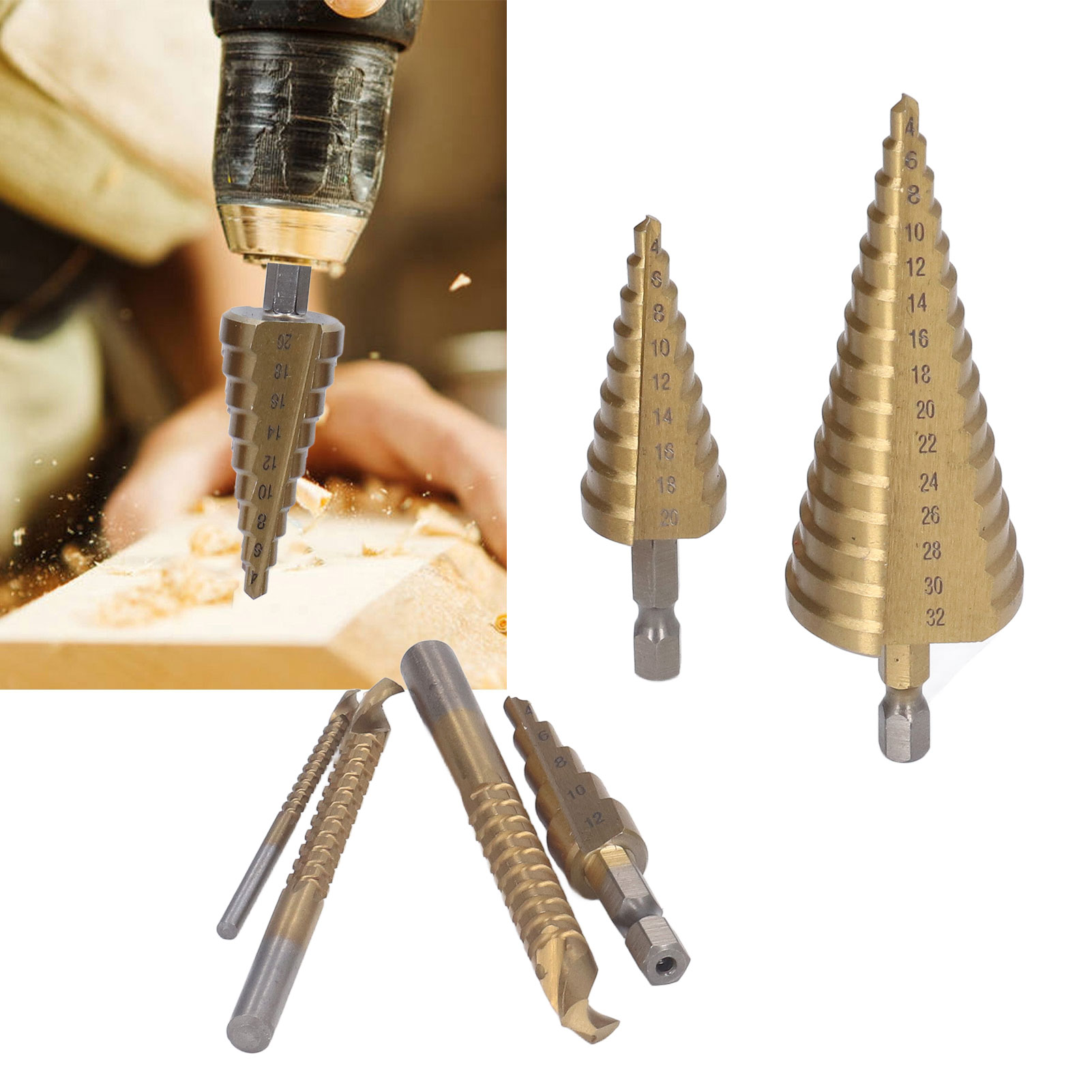 Set Aus 6 Stufenbohrern Mit Sechskantschaft Und Geraden Nuten + Sägezahnbohrer Mit Rundschaft