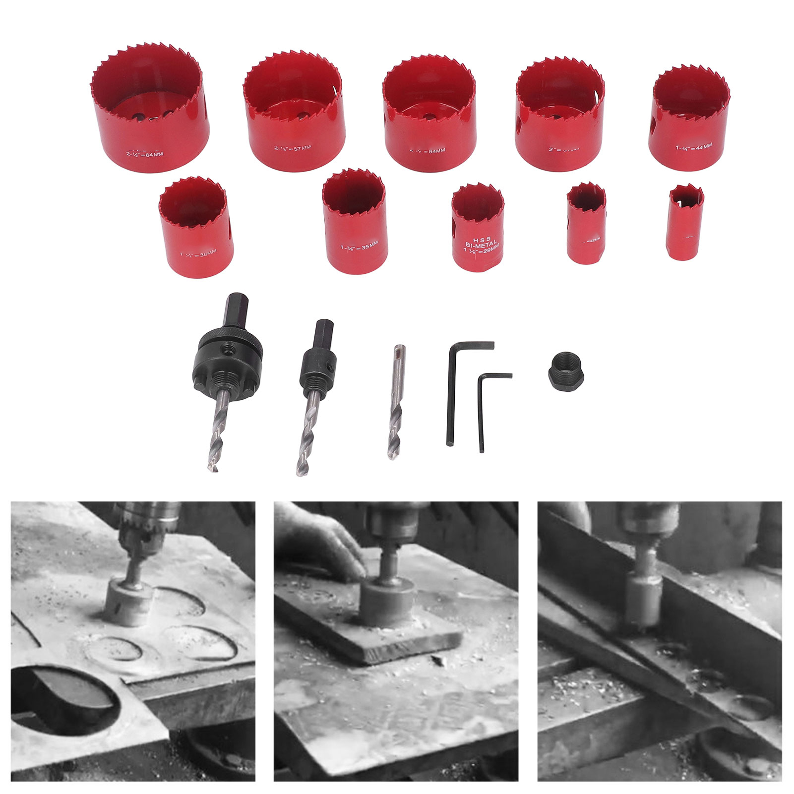 16-teiliges Set Bestehend Aus Einer Roten Metalllochsäge, Einem Spiralbohrer Und Einem Positionierbohrer