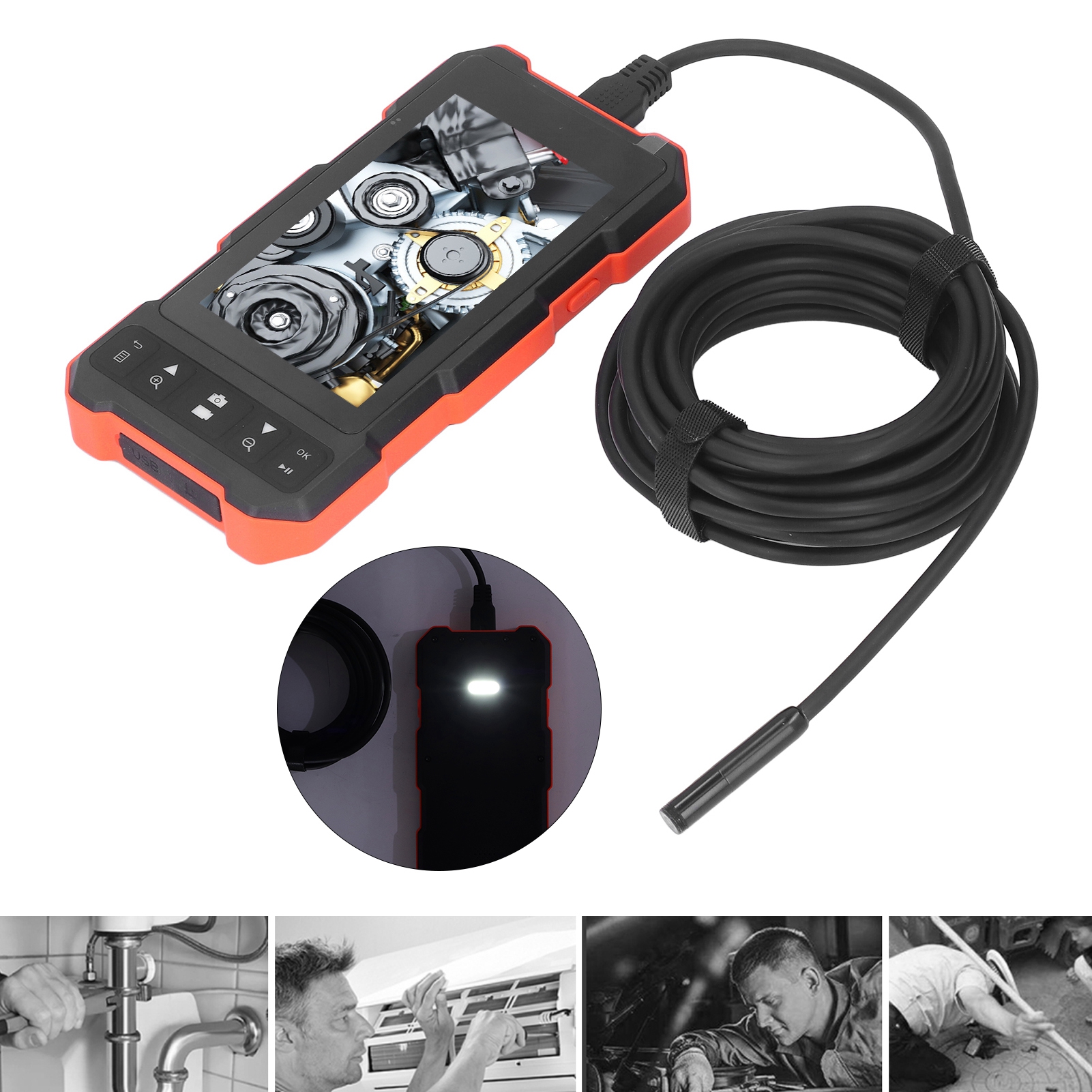 Industrielles Hd-endoskop Mit Zwei Objektiven, 4,5-zoll-ips-bildschirm, 5-mm-ip67-wasserdichter Kamera, 5-m-kabel Und 32-gb-tf-karte.