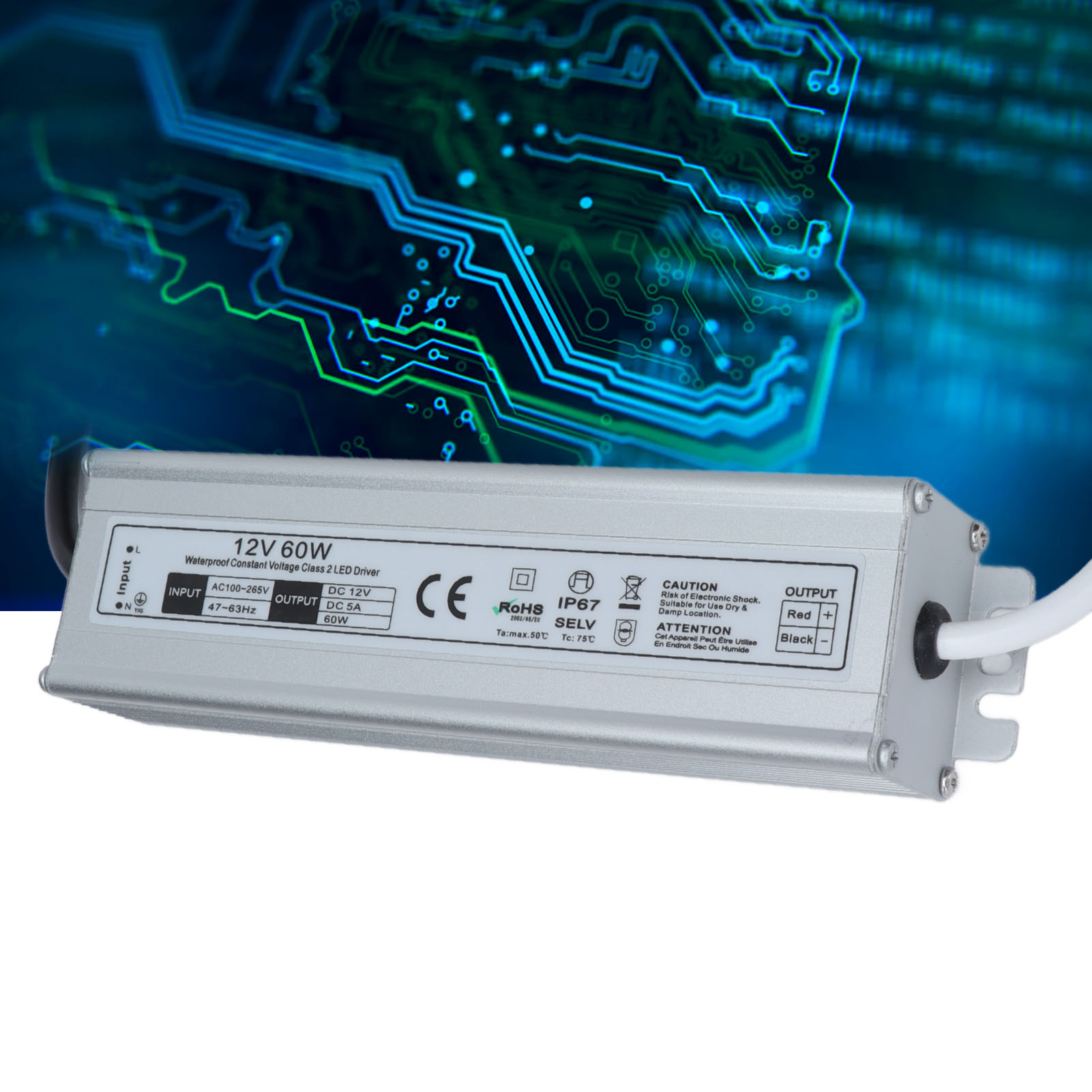 60-w-schaltnetzteil, Wasserdicht Nach Ip67, Mit Led, 12-v-ausgang (europäischer Standard), Wechselstrom 100–265 V