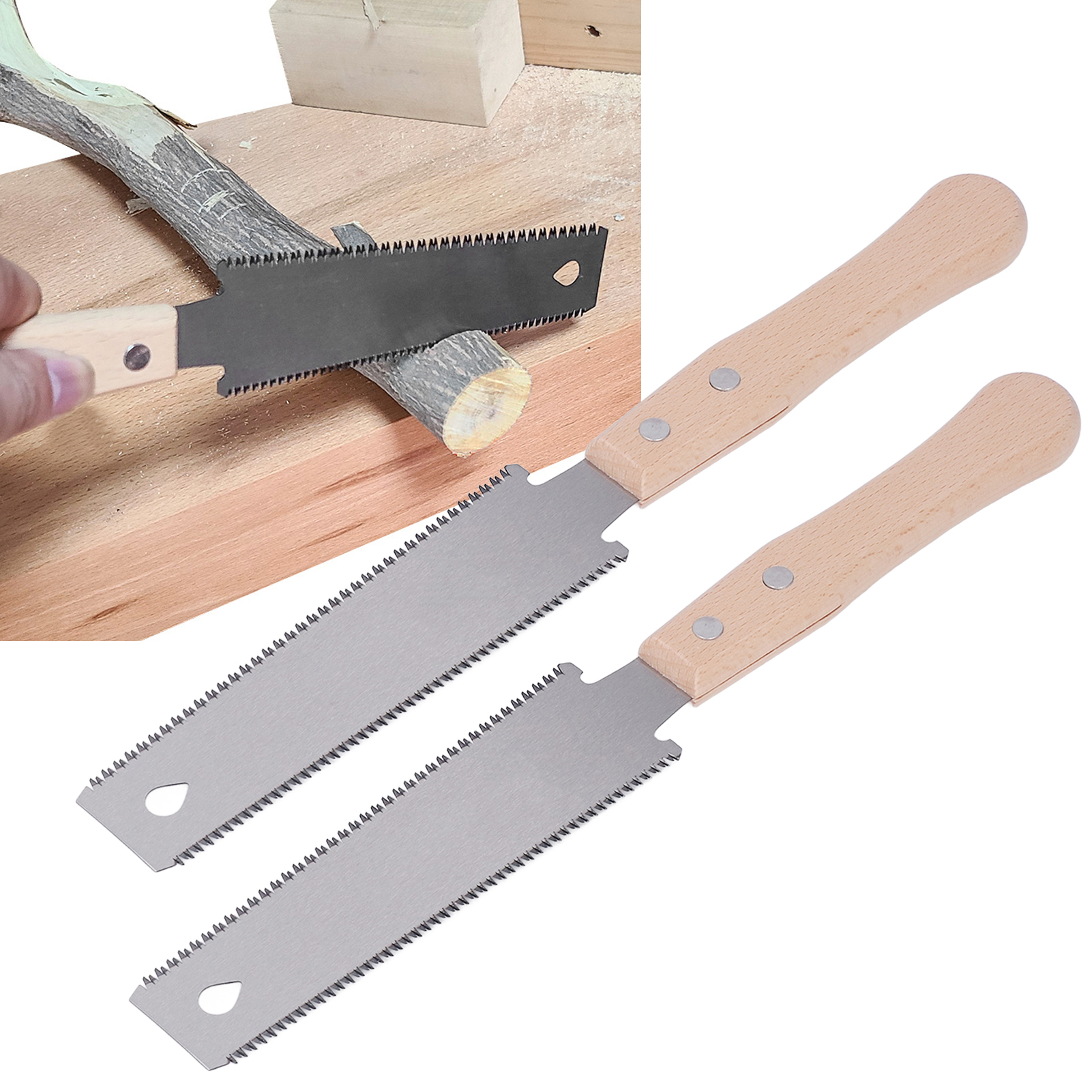 Zwei Kleine, Doppelseitige Sägen Mit Holzgriffen Zum Verkleiden, Holzfällen, Für Feine Flachschnitte, Zapfenverbindungen Und Für Heimwerkerarbeiten Mit Holz.