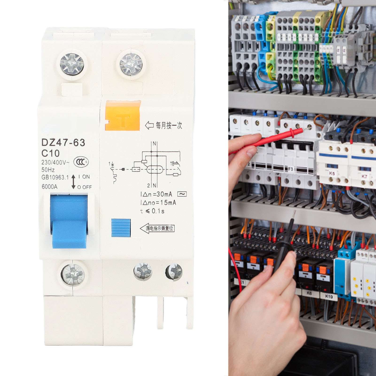 Miniatur-fehlerstromschutzschalter Dz47-63 C10 1p+n 10a, 30 Ma Fehlerstromschutzschalter 230 V/400 V, Umweltfreundliche Technische Ausführung