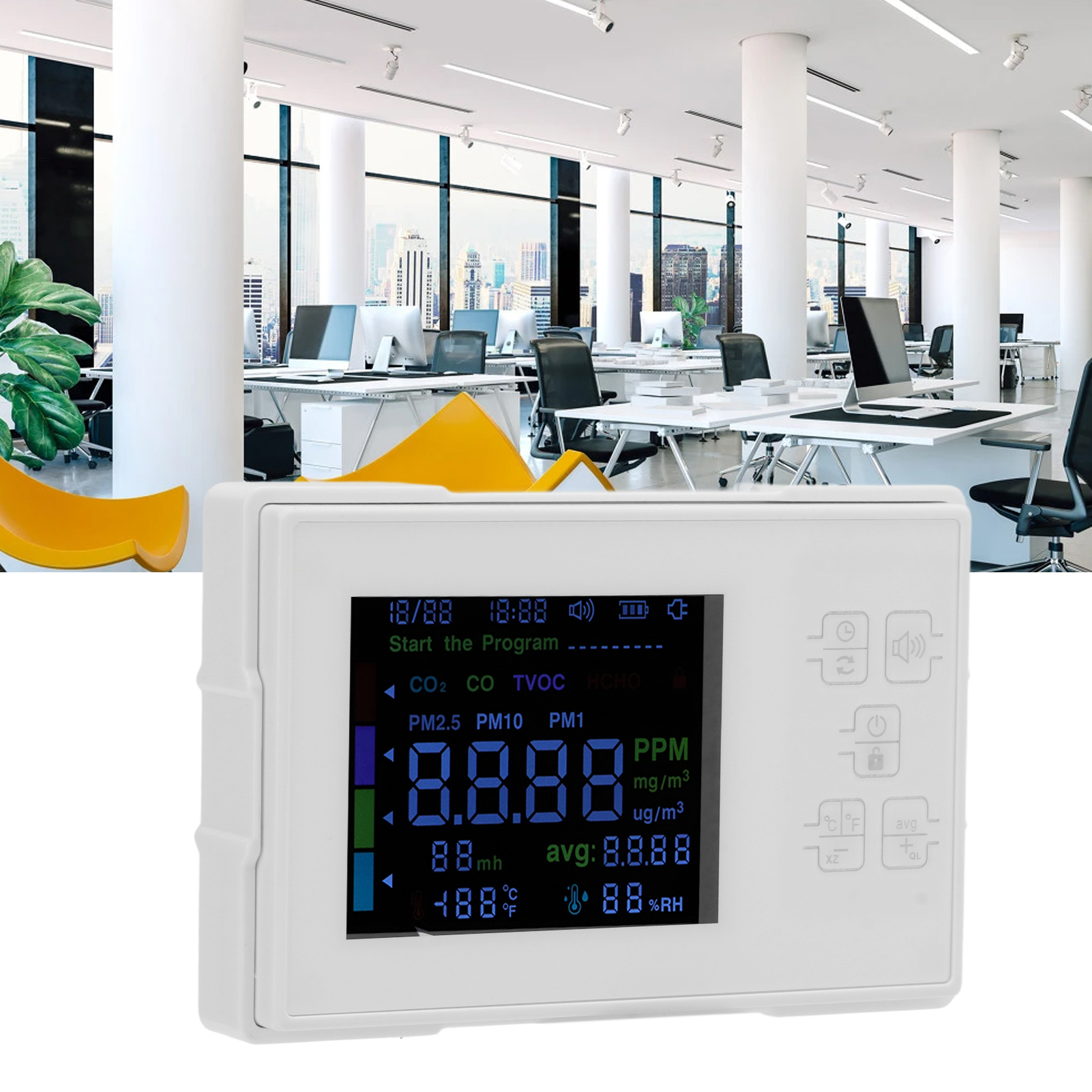 Kf-909 Luftqualitätsmonitor (co2, Kohlenmonoxid, Formaldehyd, Vocs) Temperatur- Und Feuchtigkeitsmonitor Für Wohnungen, Büros Und Diverse Anlässe
