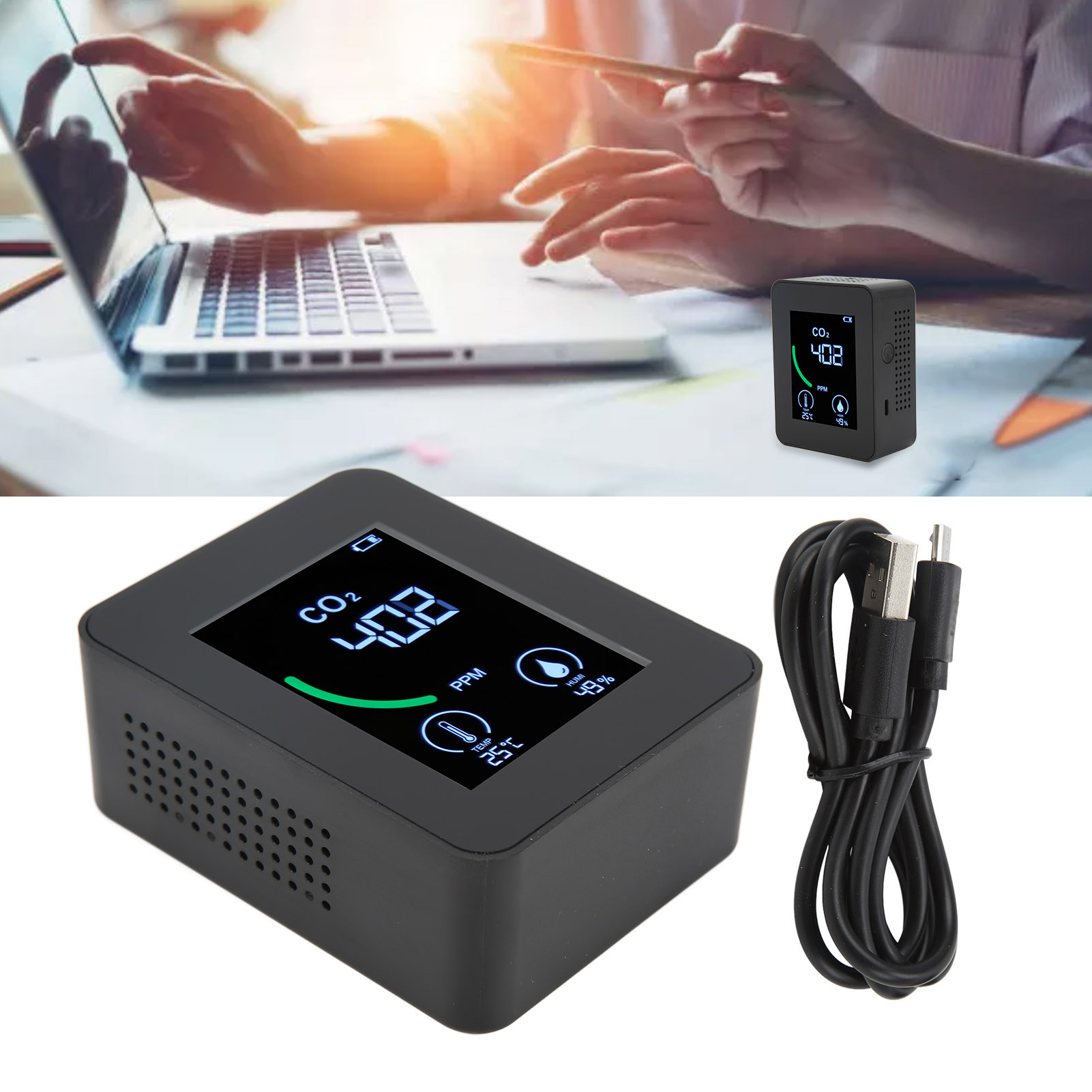 Zn-2co1tb 3-in-1 Intelligenter Kohlendioxid-detektor Mit Bluetooth-datenspeicherung, Tragbarem Luftqualitätsmonitor, Temperatur- Und Feuchtigkeitsmessung, Schwarz