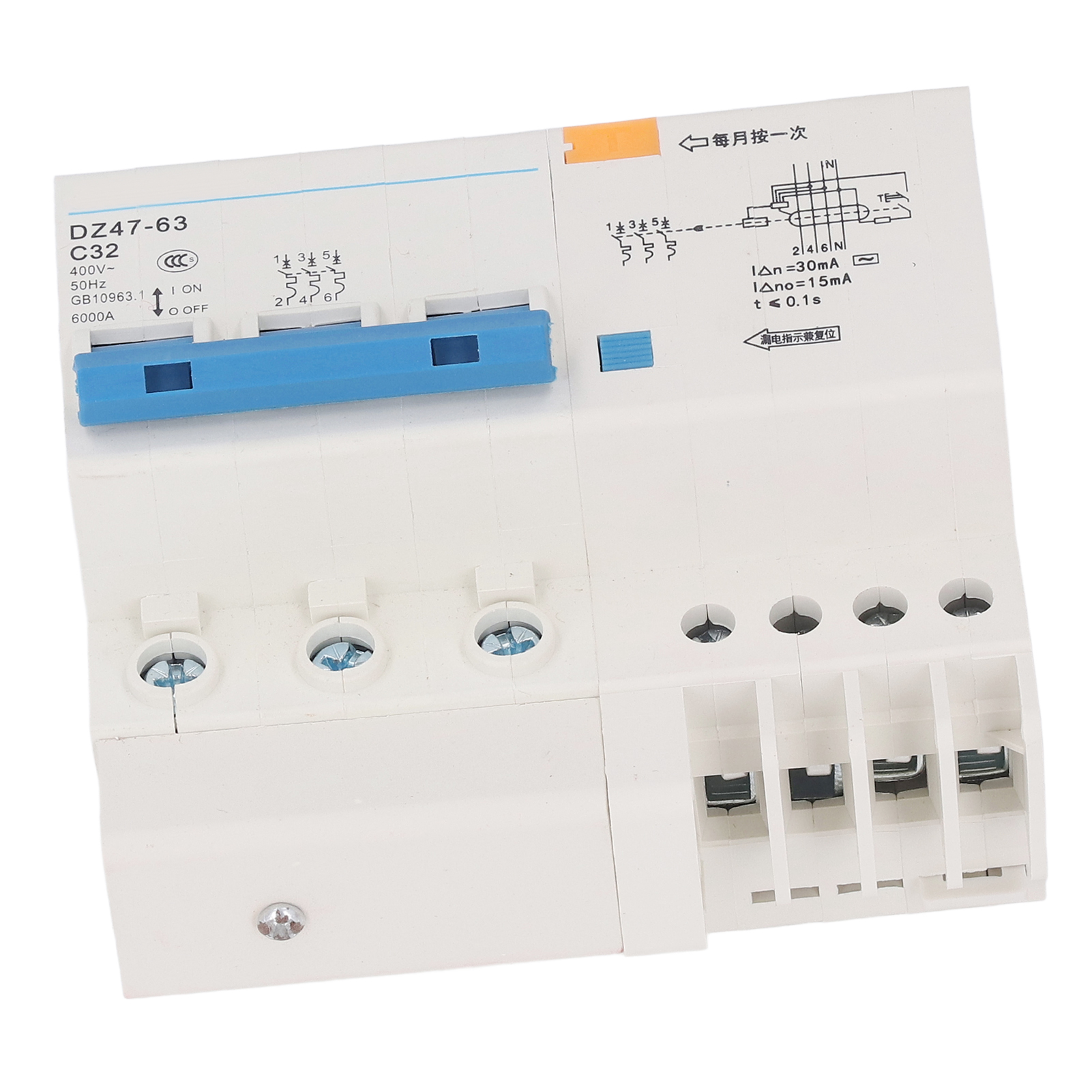 Leitungsschutzschalter Dz47le-63 C32 3p+n, 400 V 32 A, Din-schienenmontage, 6000 A Schaltleistung.