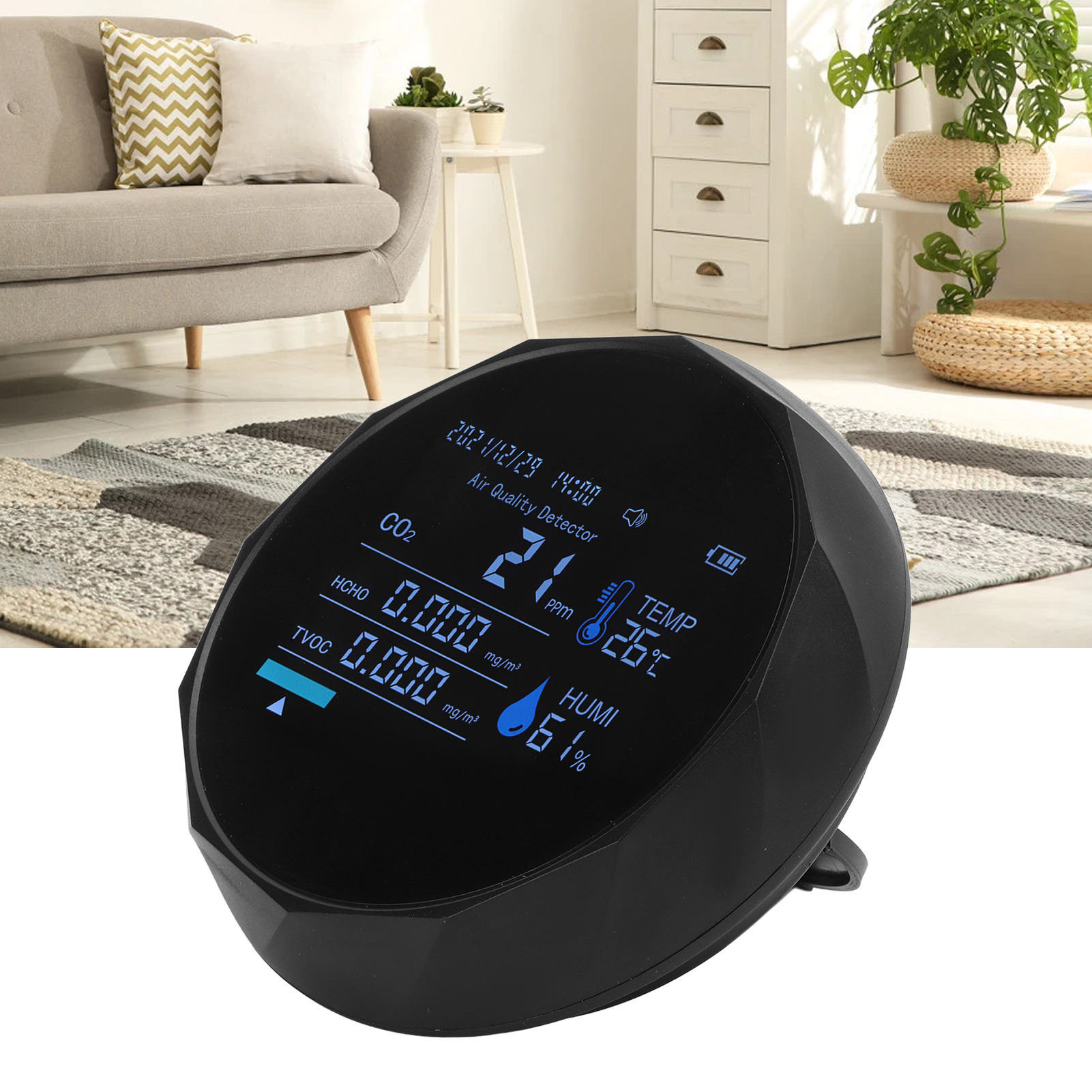 7-in-1 Bluetooth-fähiger Kohlendioxid-detektor Zn-2co16: Misst Die Gesamtmenge An Flüchtigen Organischen Verbindungen (voc) (tvoc), Die Temperatur, Zeichnet Co2- Und Formaldehydwerte Auf, Schwarz.