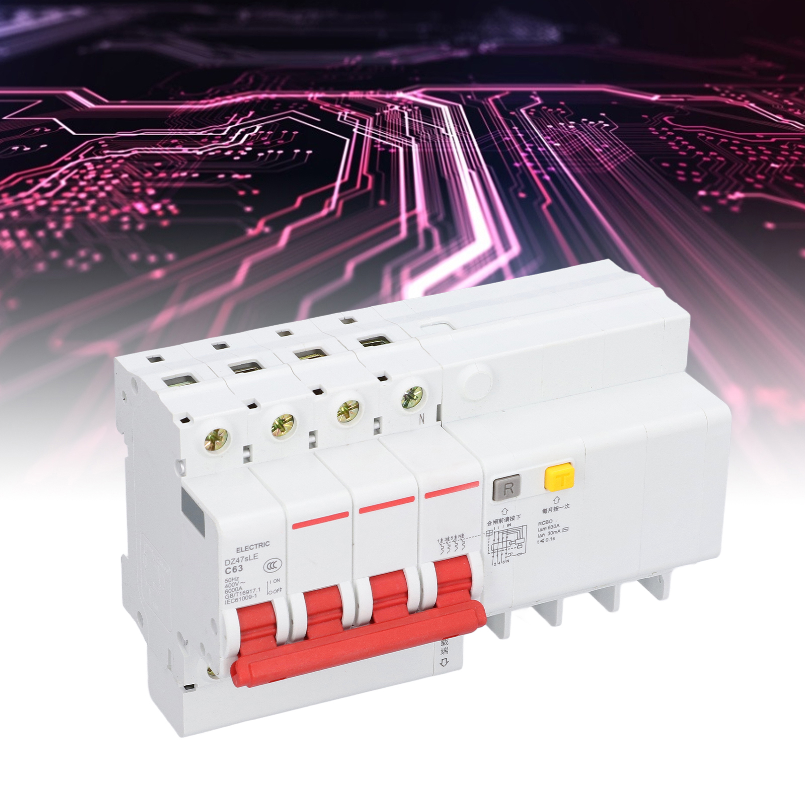 Leitungsschutzschalter Dz47sle C63 4p+n 63 A, Din-schienenmontage, Niederspannung 400 V, Abschaltvermögen 6000 A