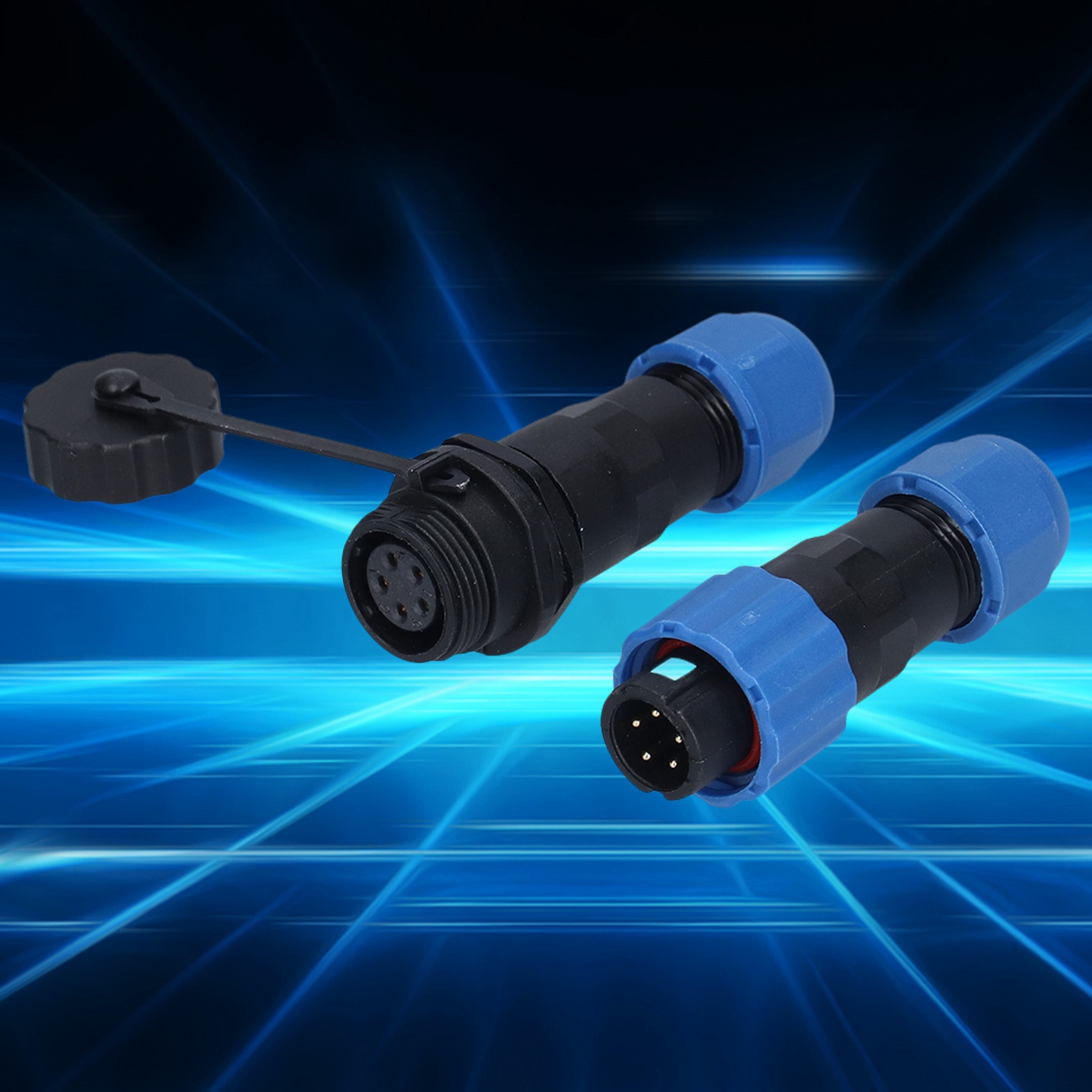 Wasserdichter Luftfahrtstecker Sp13 Mit Ip68-stecker Und -buchse Sowie Wasserdichtem 5-poligen Stecker.