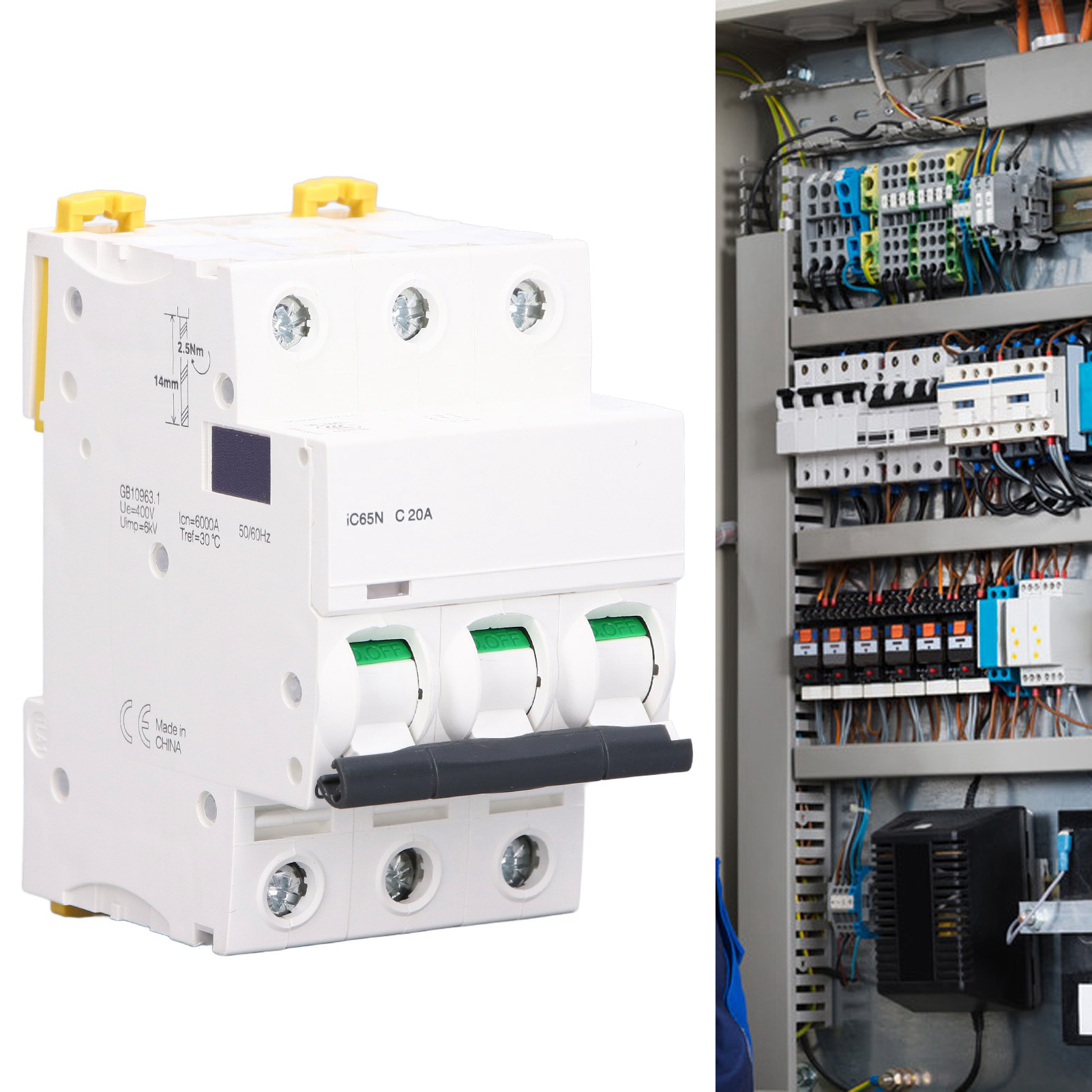 Miniatur-drehstrom-leistungsschalter Ic65n, Din-schienenmontage, Niederspannung 400 V, Schaltvermögen 6000 A, Silberkontakte C20a