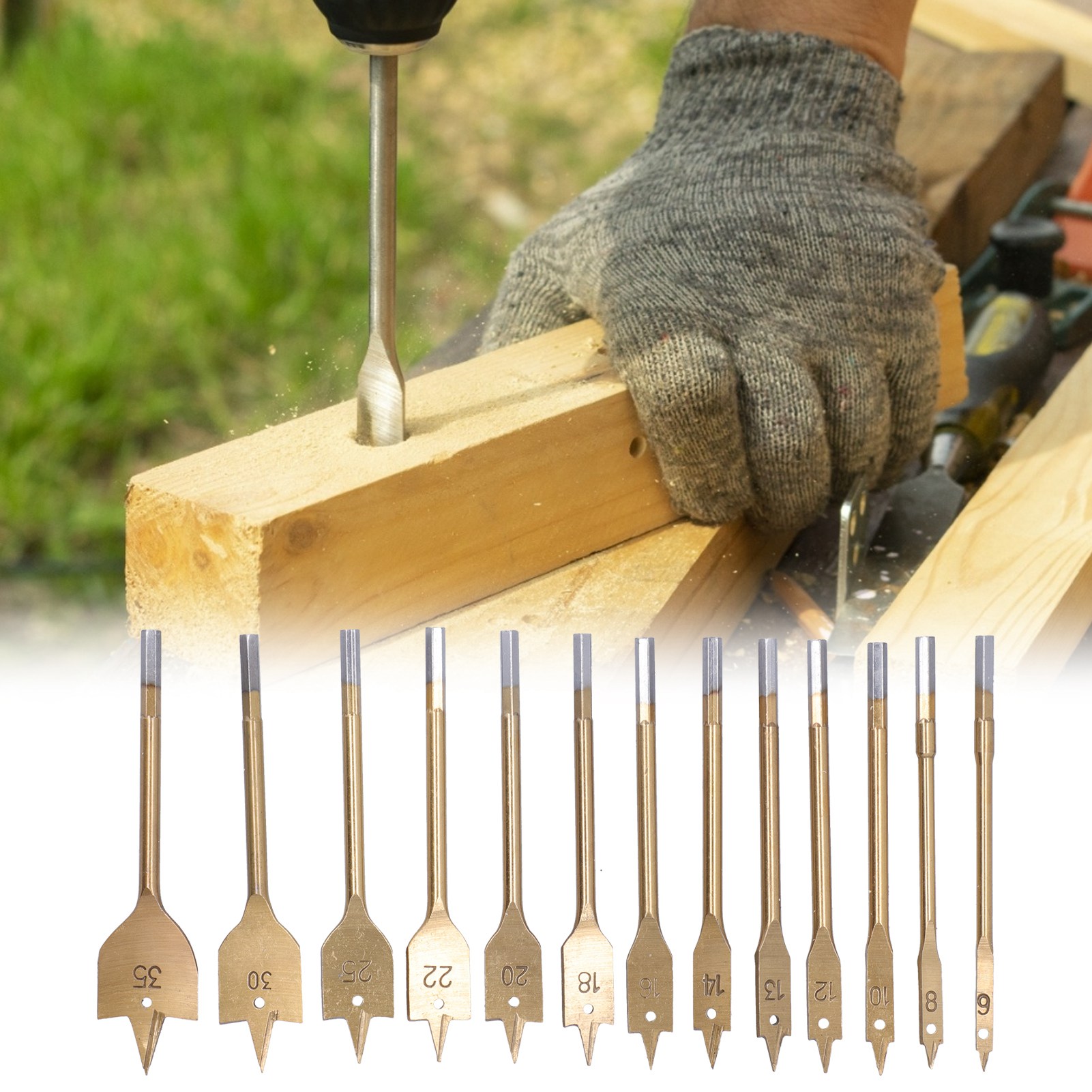 Set Aus 13 Titanbeschichteten Sechskant-flachbohrern Mit Schnellwechselschaft, Speziell Entwickelt Zum Bohren Von Löchern In Holzplatten, Verpackt In Einer Holzbox.