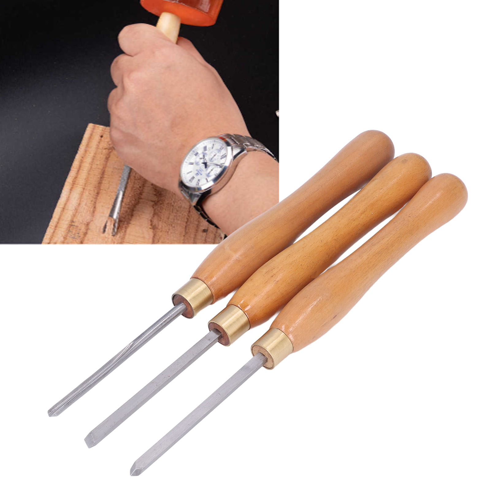 Set Aus 3 Holzbearbeitungswerkzeugen Mit Buchenholzgriffen Und Einem Drechselmesser
