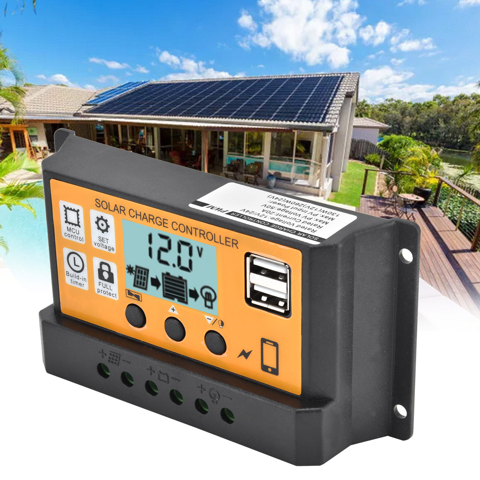 Wbl1210 Intelligenter Solarladeregler (schwarzes Gehäuse, Orange Oberfläche, 12 V/24 V, Zwei Usb-anschlüsse, Pwm, 20 A) – Schwarzes Gehäuse, Orange Oberfläche