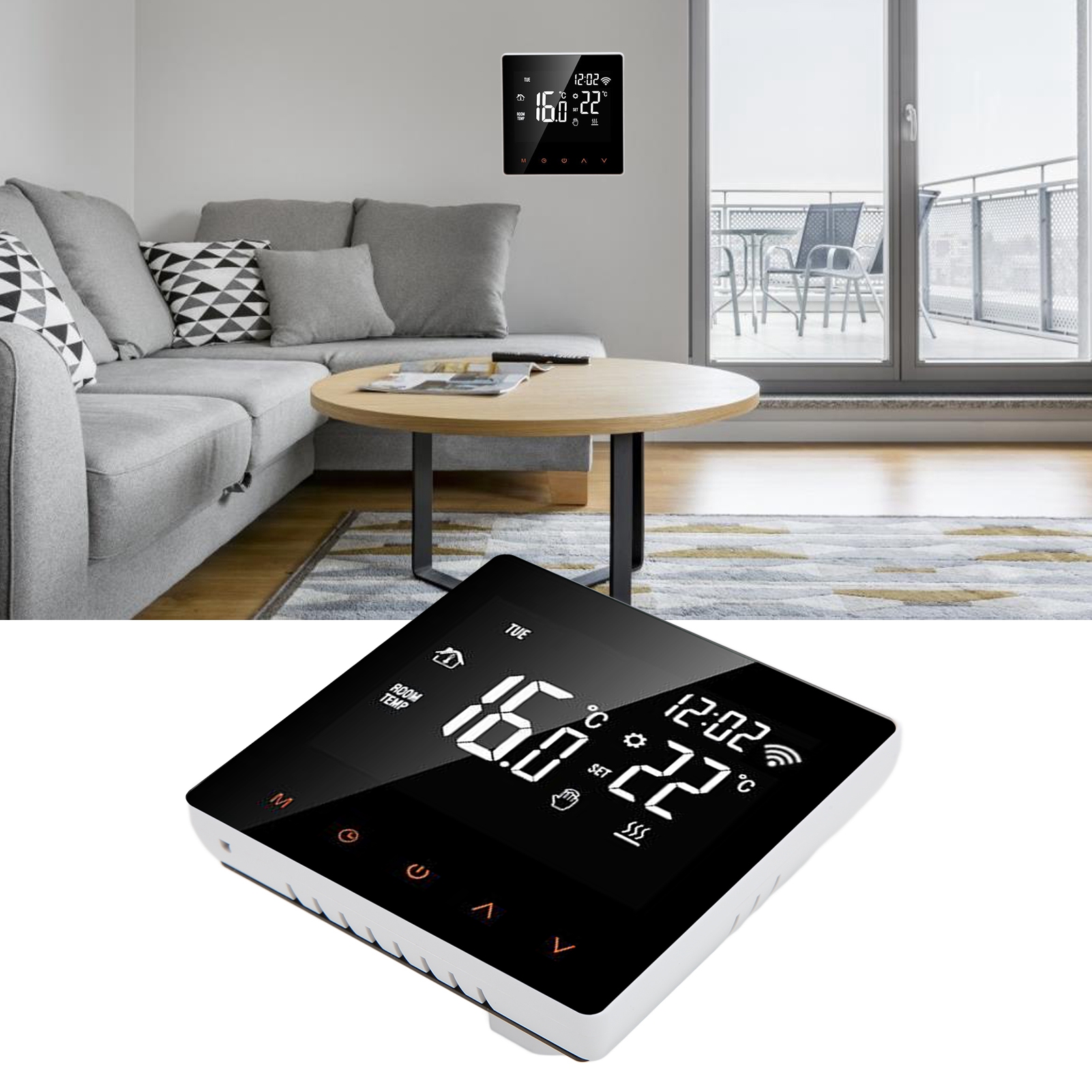 Me81h Intelligenter Flüssigkeitstemperaturregler Mit Lcd-display Und Wlan Für Warmwasser-fußbodenheizung, Wandheizkessel Und Elektrische Fußbodenheizung, 230 V Ac, Weiße Rückseite, Orangefarbene Taste