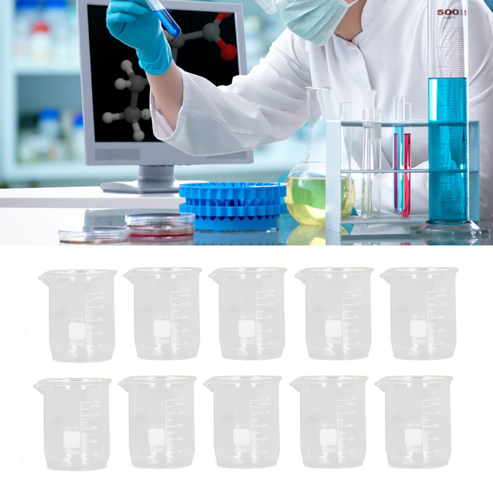 Set Aus 10 Glasbechern À 150 Ml Für Industrielle Und Akademische Experimente, Lehrmittel, Zusammen Verkauft.
