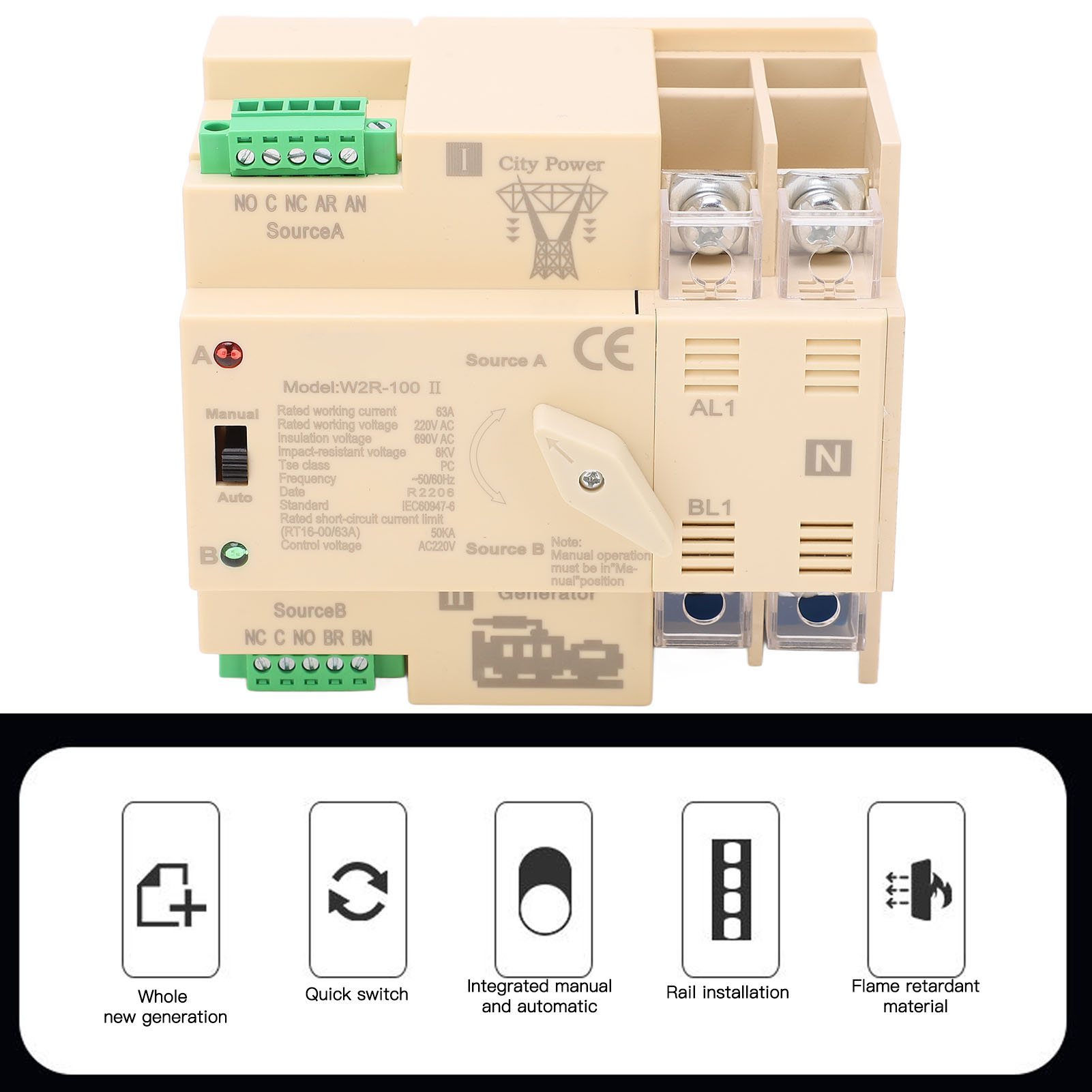 White Premium W2r-100 Erweiterter Automatischer Umschalter Für Zwei Stromversorgungen, 2-polig, 63 A, 220 V