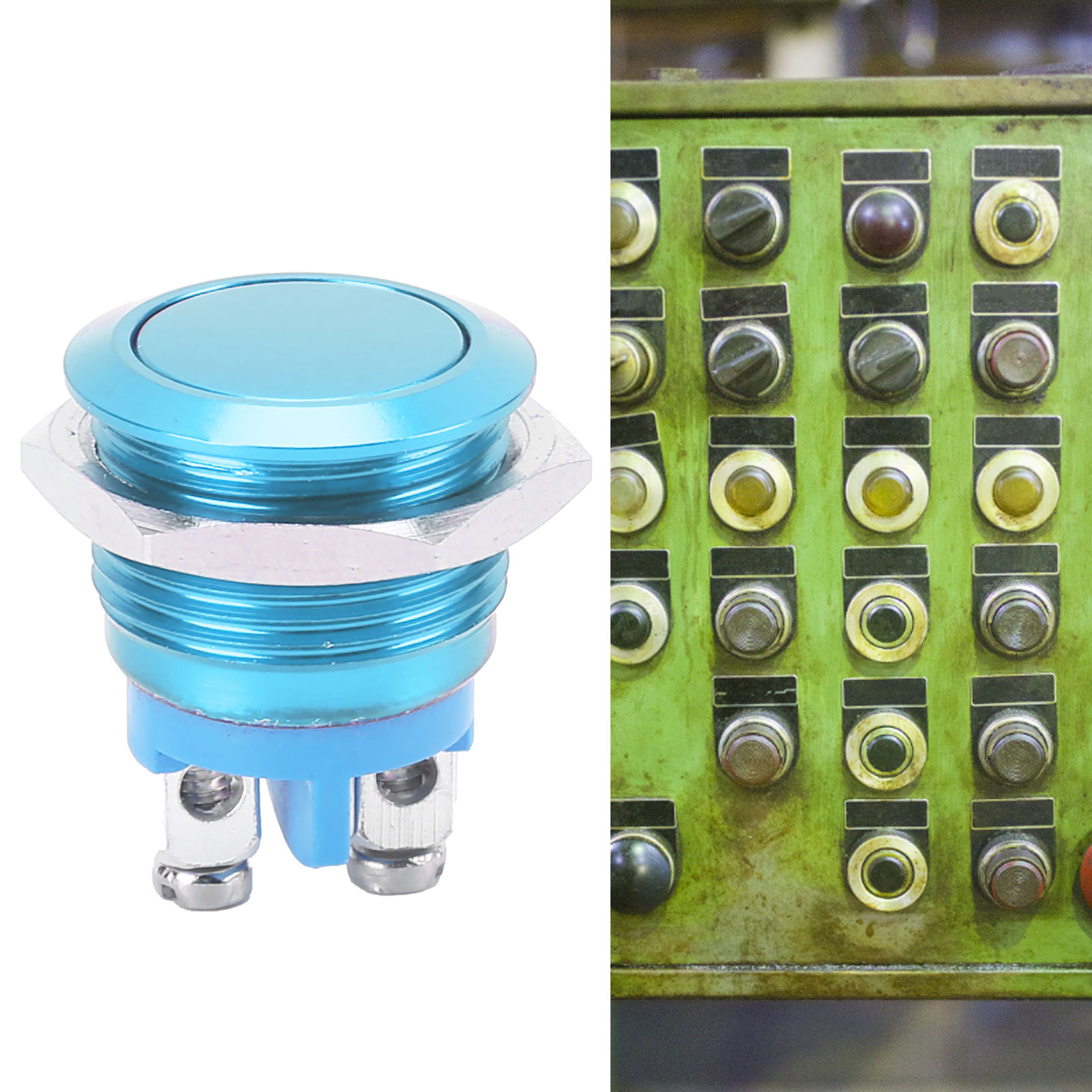 16 Mm Flachkopf-metall-drucktaster, Vollständig Eloxiert, Selbstrückstellend, Mit Stellschraube, 220 V, Blau.