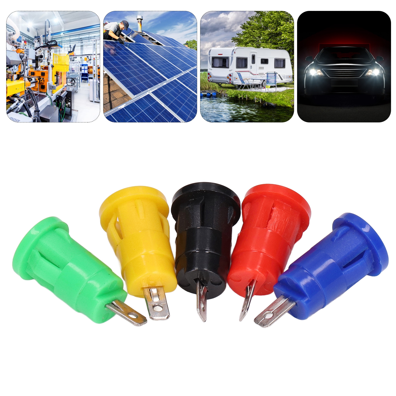 Bananenstecker Vom Typ A Mit Schutzleiterkarte M4, Vernickelten Kupferanschlüssen Und M12-stecker Mit Roten, Schwarzen, Gelben, Blauen Und Grünen Pins.