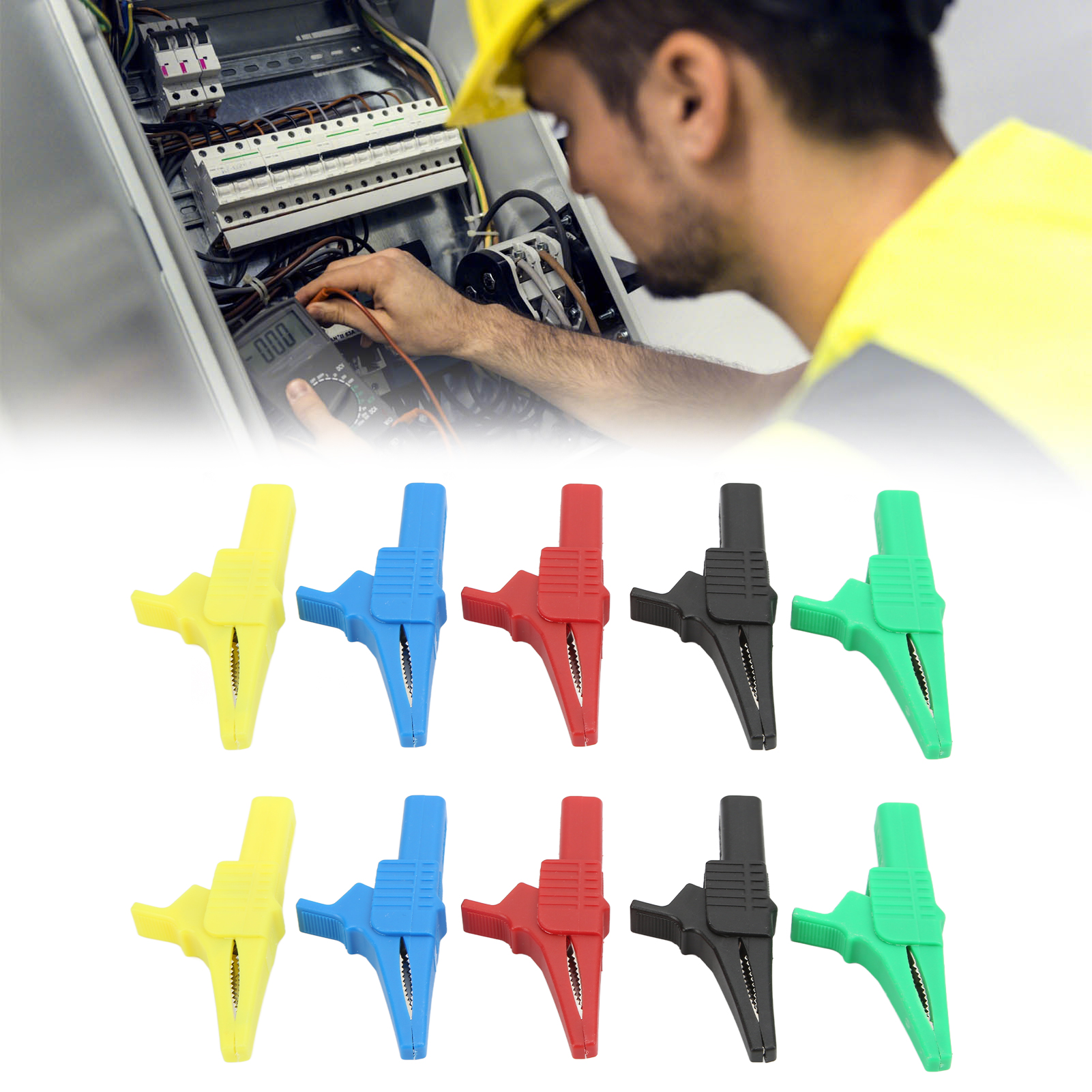 Sicherheitsprüfklemme, Batterieprüfklemme, Krokodilklemme J.60039, Große Pistolenförmige Klemme Mit 4 Mm Bananenstecker Am Ende, Verkauft In Zweierpackungen (rot, Schwarz, Gelb, Blau Und Grün).