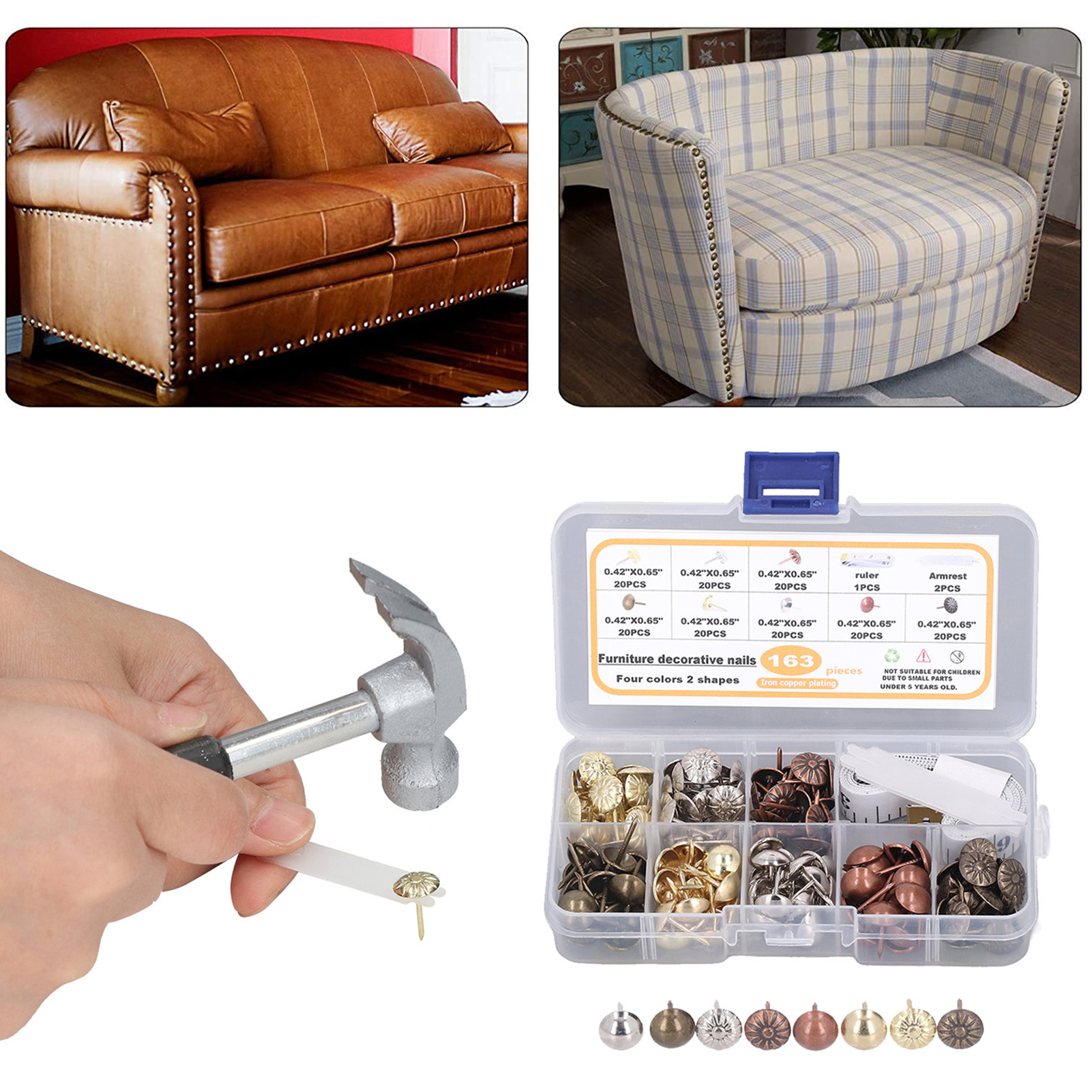 Set Mit 163 Ziernägeln Für Inneneinrichtung, Möbel Und Antiquitäten. Geeignet Für Sofas, Bastelarbeiten Und Dekorationsbilder Inklusive Maßband Und Bruchfesten Griffen.