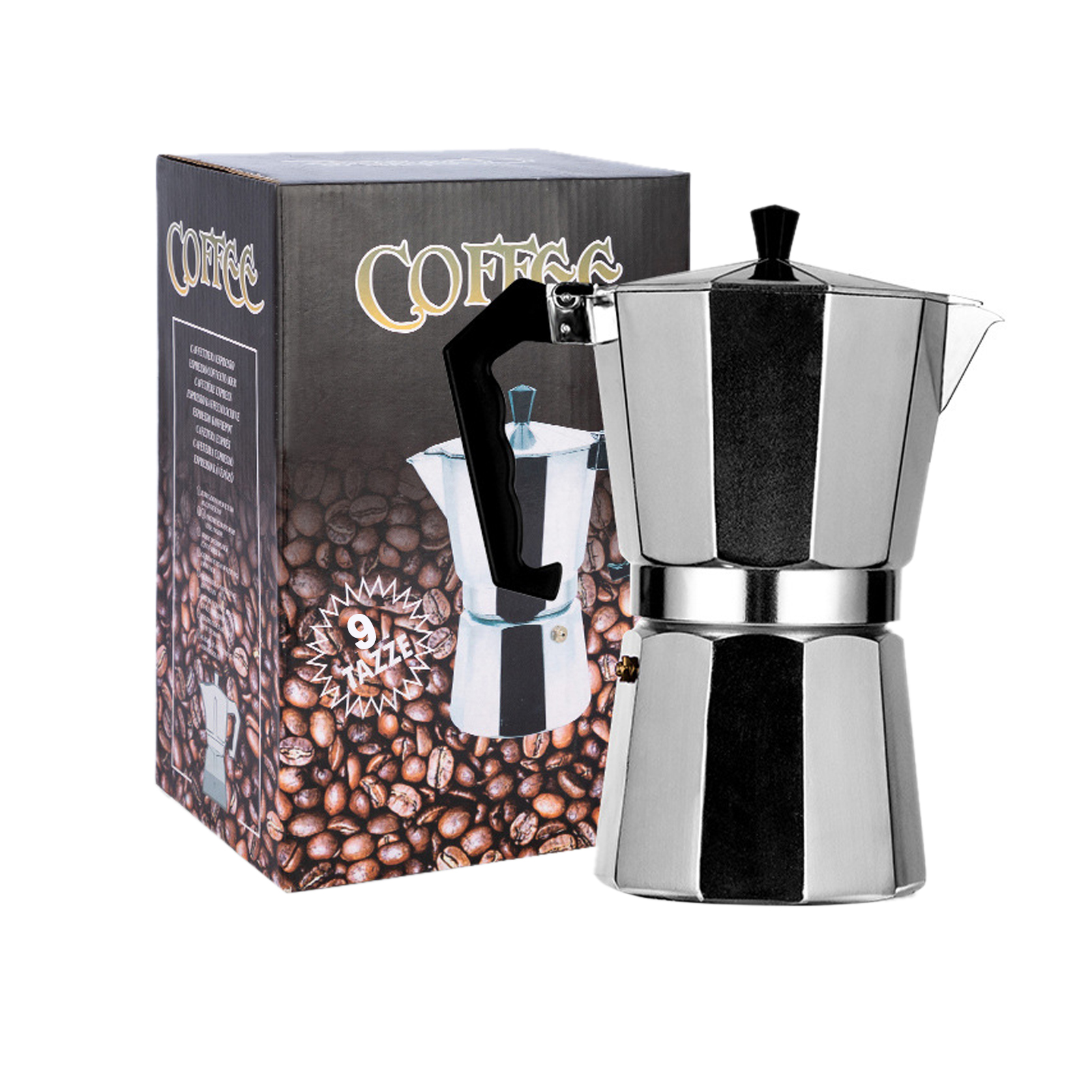 Italienische Mokkakanne Aus Aluminium, Kaffeemaschine Im Europäischen Stil, Achteckige Mokkakanne, 9 Tassen, 450 Ml.