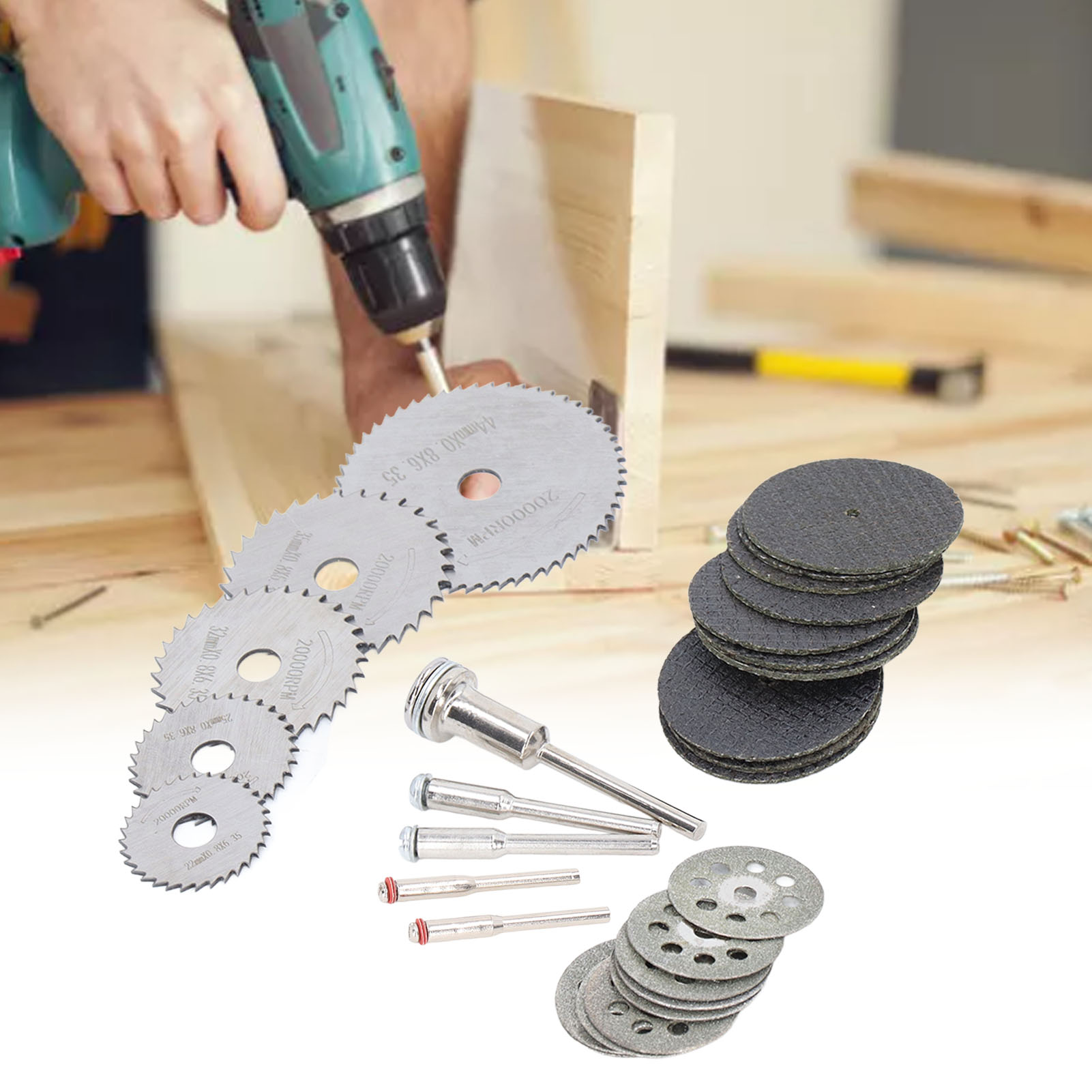 Set Mit 30 Trennscheiben, Schleifscheiben, Holzsägeblättern, Doppelsieb-schleifscheiben