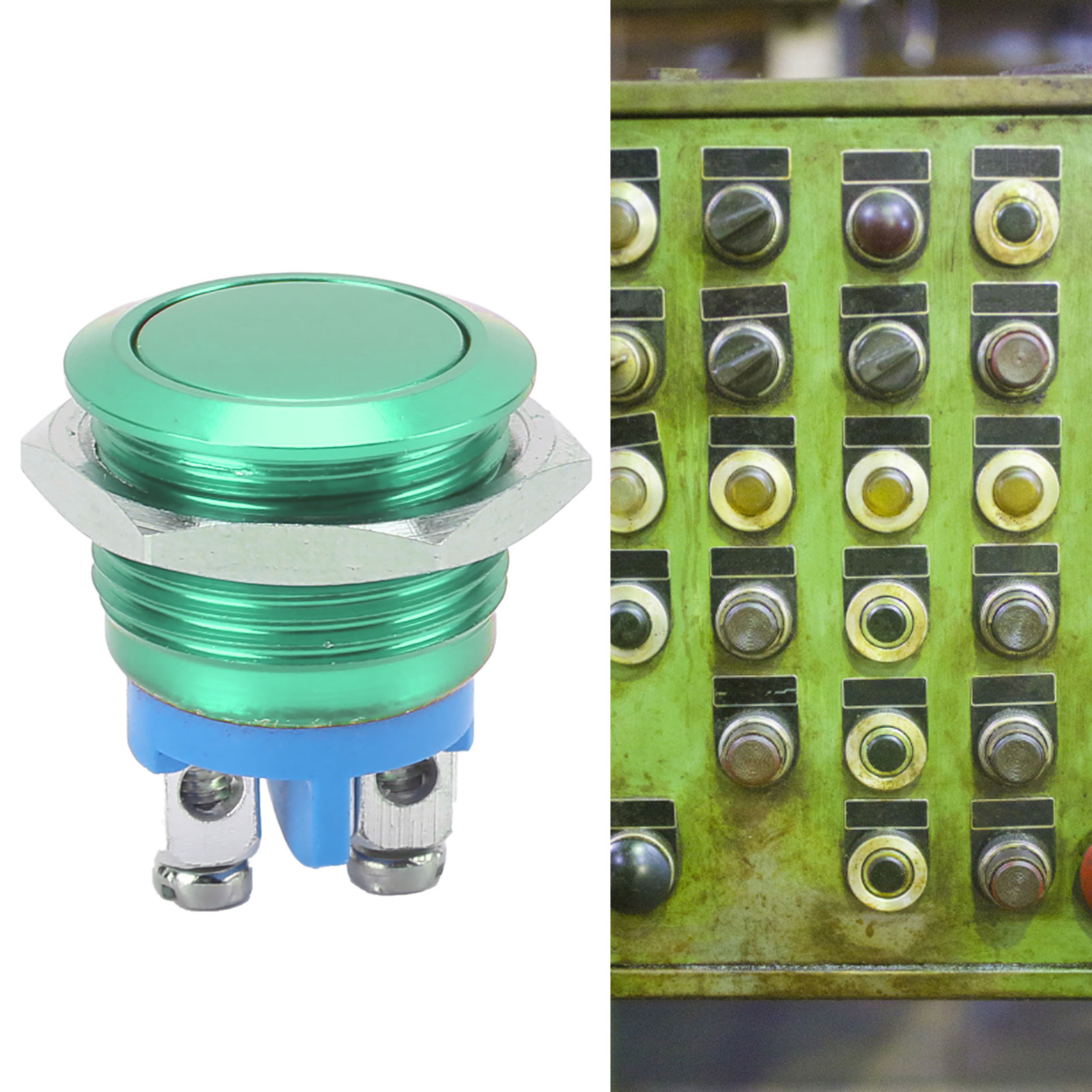 16 Mm Flachkopf-metall-drucktaster, Vollständig Eloxiert, Selbstrückstellend, Mit Stellschraube, Grün, 220 V.