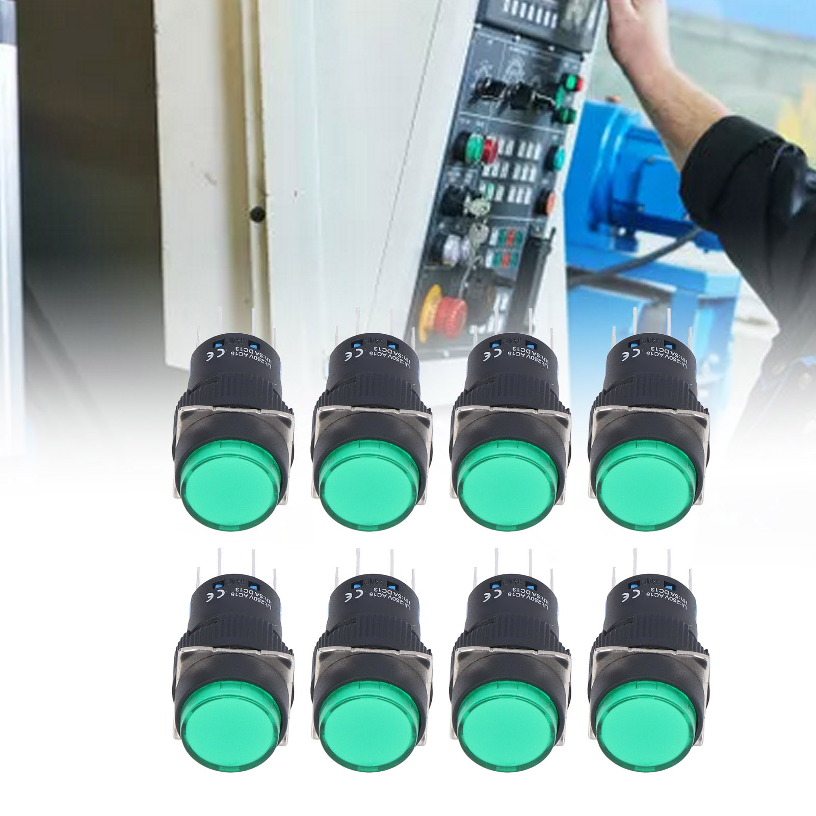 Berm/bem-la16-22ds-y 16 Mm Drucktaster, Kurzzeitig Selbstverriegelnd, Rund, 8 Pins Mit Kontrollleuchte, 220 V, 25 Stück, Grün.