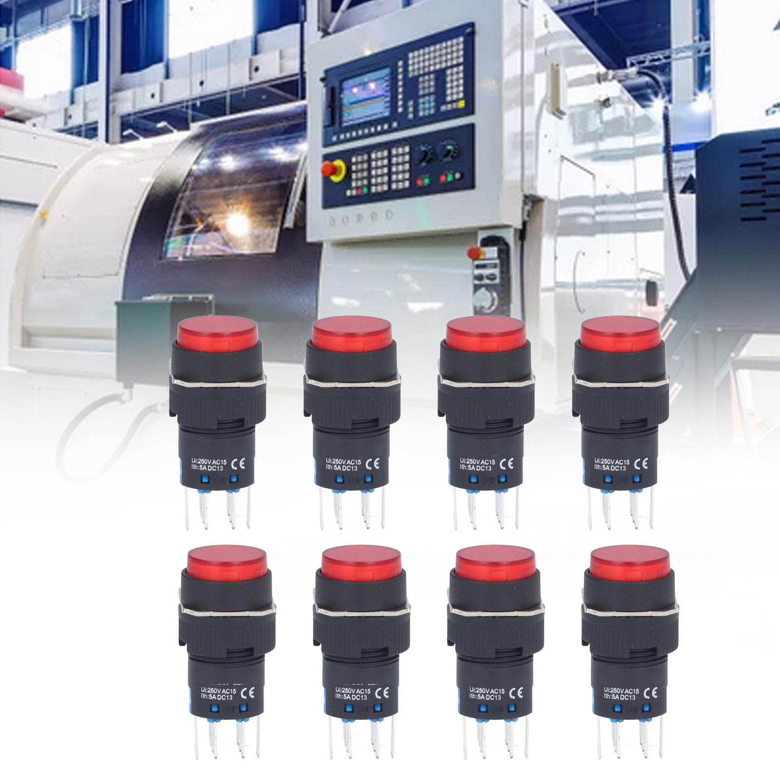 Berm/bem-la16-22ds-y 16 Mm Drucktaster, Kurzzeitig Selbstverriegelnd, Rund, Mit Kontrollleuchte, 8 Pins, 24 V, 25 Stück, Rot.