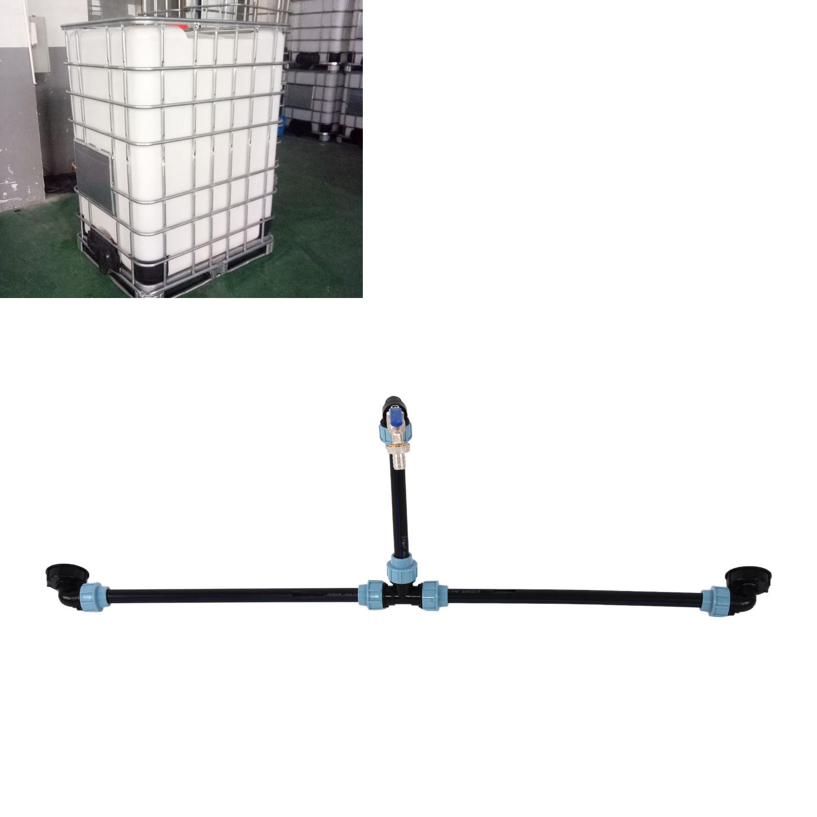 Anschlussstück Für Ibc-container, Tandemanschlussstück, Winkelstück, Zubehör Für Tandemcontainer, Zwei In Reihe Geschaltete Container, Ausführung Mit Variabler Höhe.