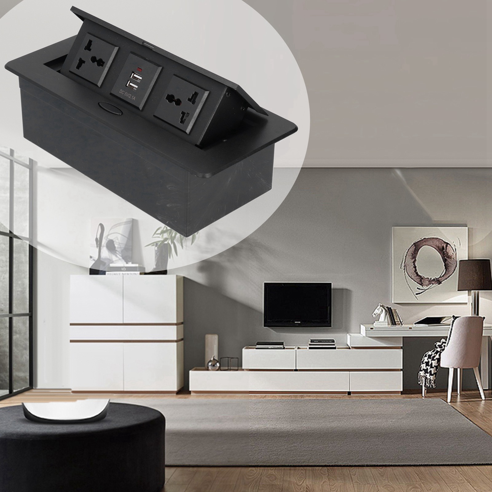 J29-doppelpol-multifunktionsstecker Mit Drei Steckdosen Und Zwei Usb-anschlüssen, Langsam Öffnend, Schwarze Seite, 250 V