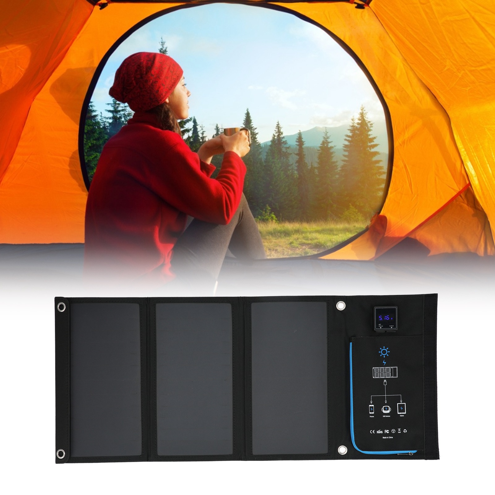 Tragbares 5v 21w Dc Solarladegerät Für Mobiltelefone, Mit Faltbarer Ladetasche Für Den Außeneinsatz.