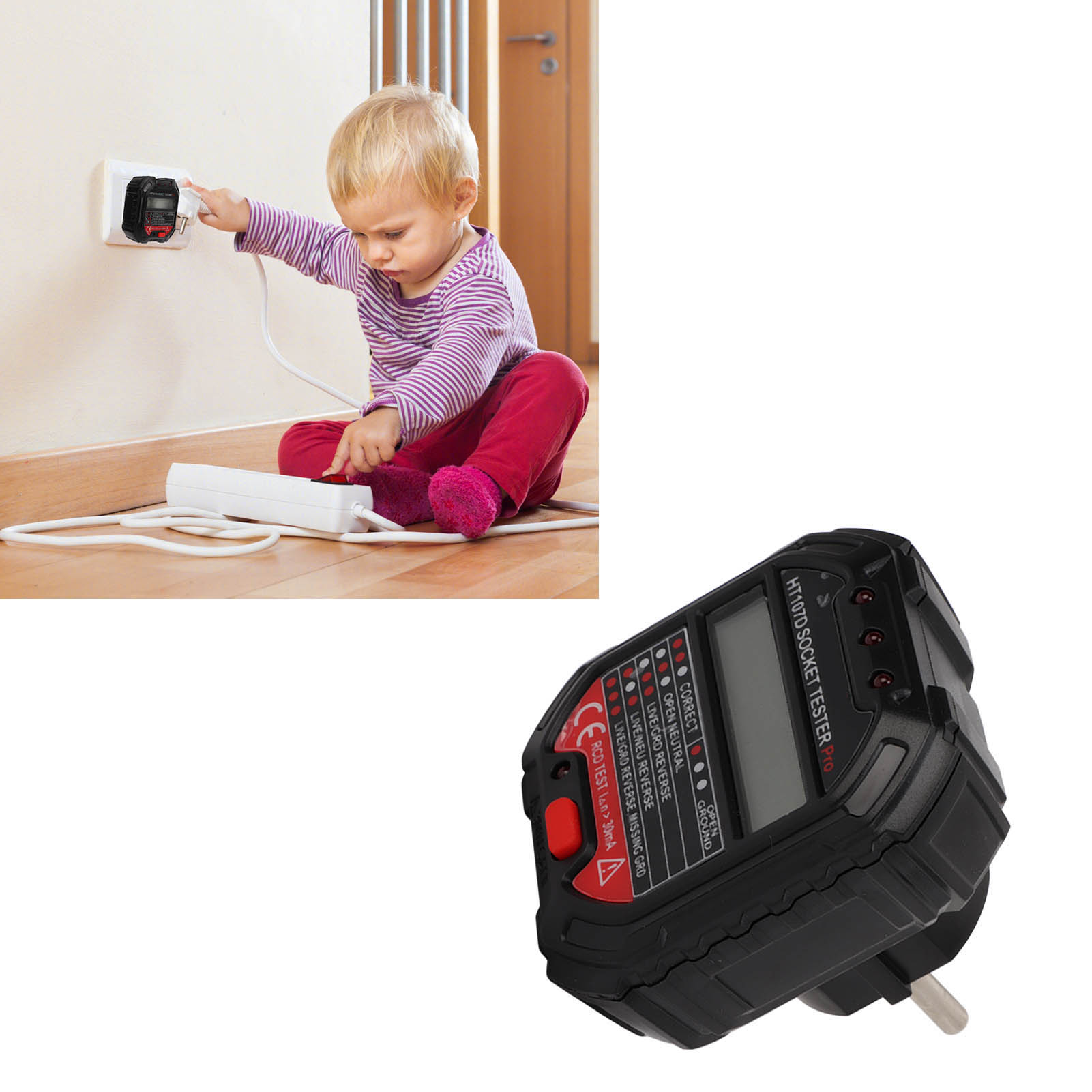 Multifunktionaler Digitaler Steckdosentester, Erdungstester, Stromkreistester, Steckdosenphasenmesser, Spannungsdetektor (europäischer Standard 90250 V / 4565 Hz) Ht107d