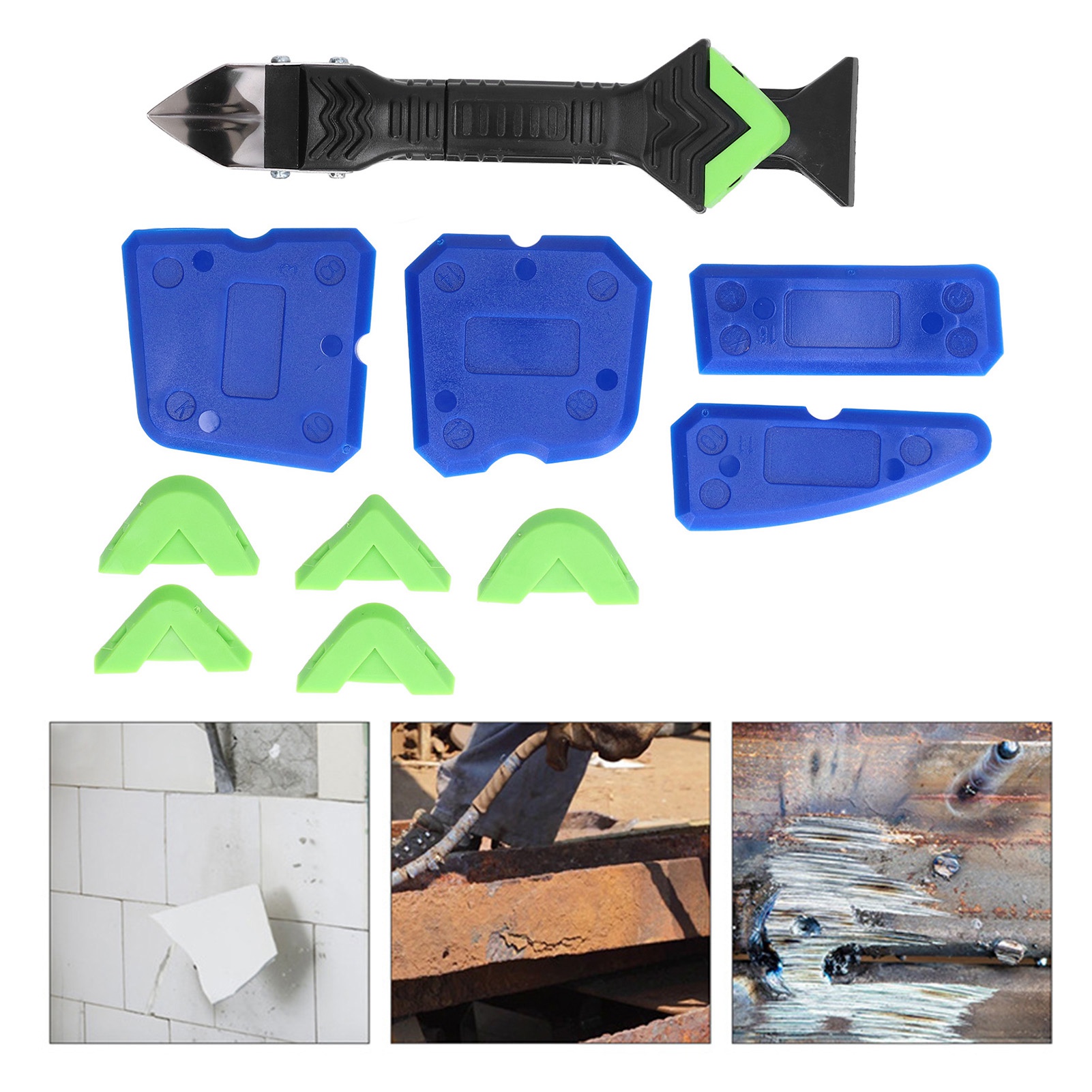 10-teiliges Set Inklusive Eines 5-in-1-klebstoffschabers, Einer Grünen Flexiblen Düse Und Eines Abgewinkelten Schabers.
