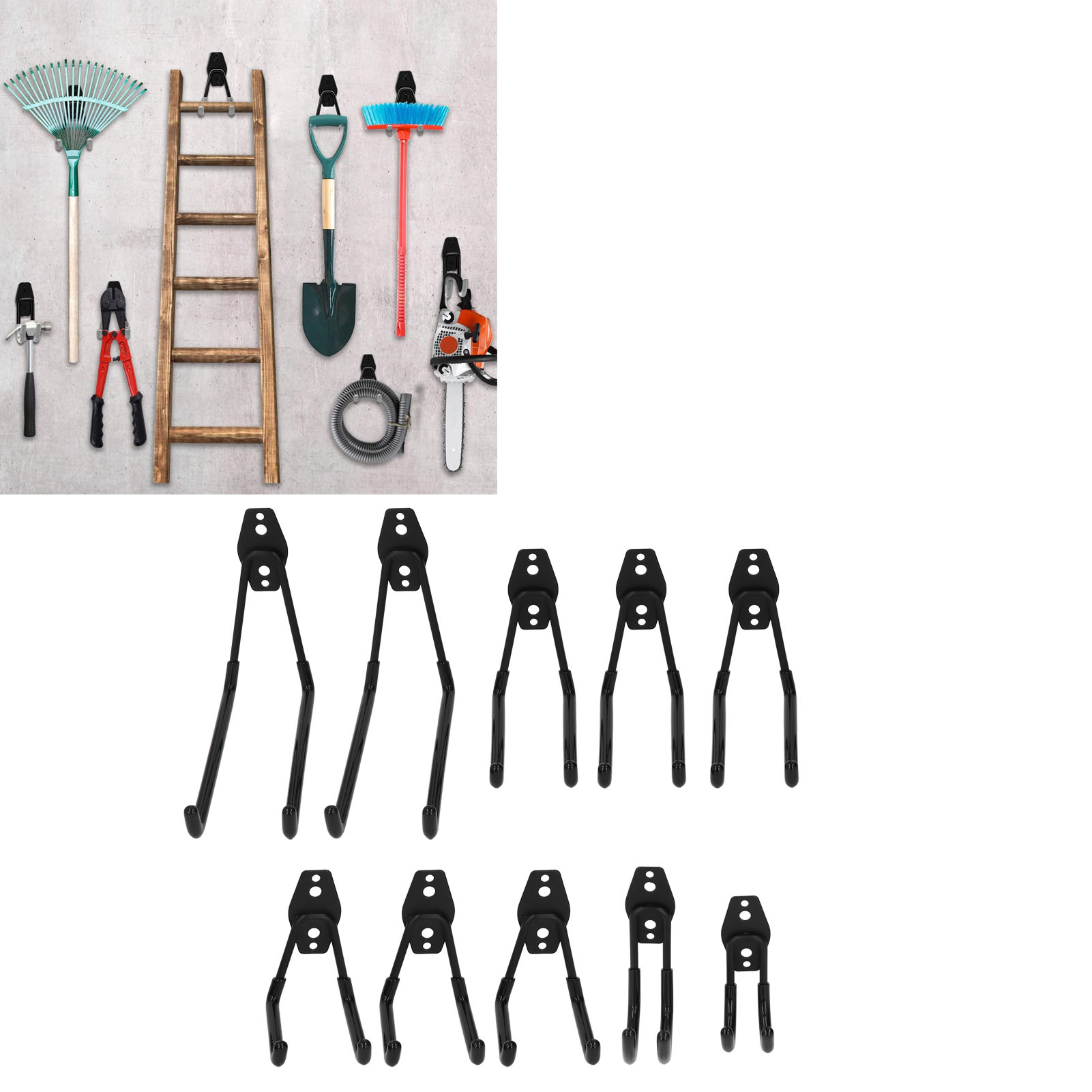 Set Mit 10 Garagenhaken Aus Eisen, Robuste Und Praktische Doppelhaken Zur Aufbewahrung Von Elektrowerkzeugen, Leitern, Fahrrädern Und Sperrigen Gegenständen.
